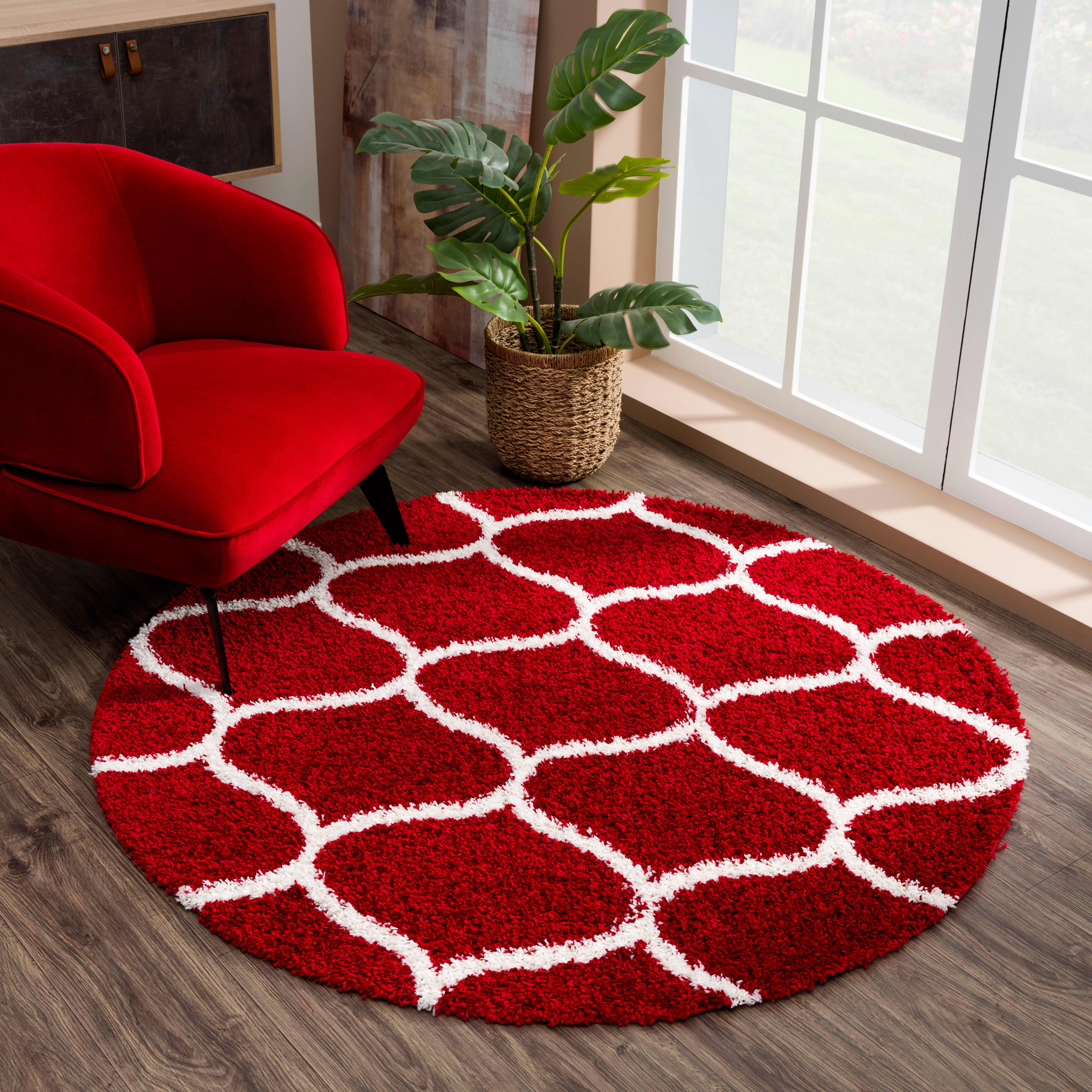 SANAT HALI Hoogpolig vloerkleed Madrid Woonkamer, lange pool, shaggy-vloerkleed moderne vloerkleden maat Ø 120 cm x 30 mm rood
