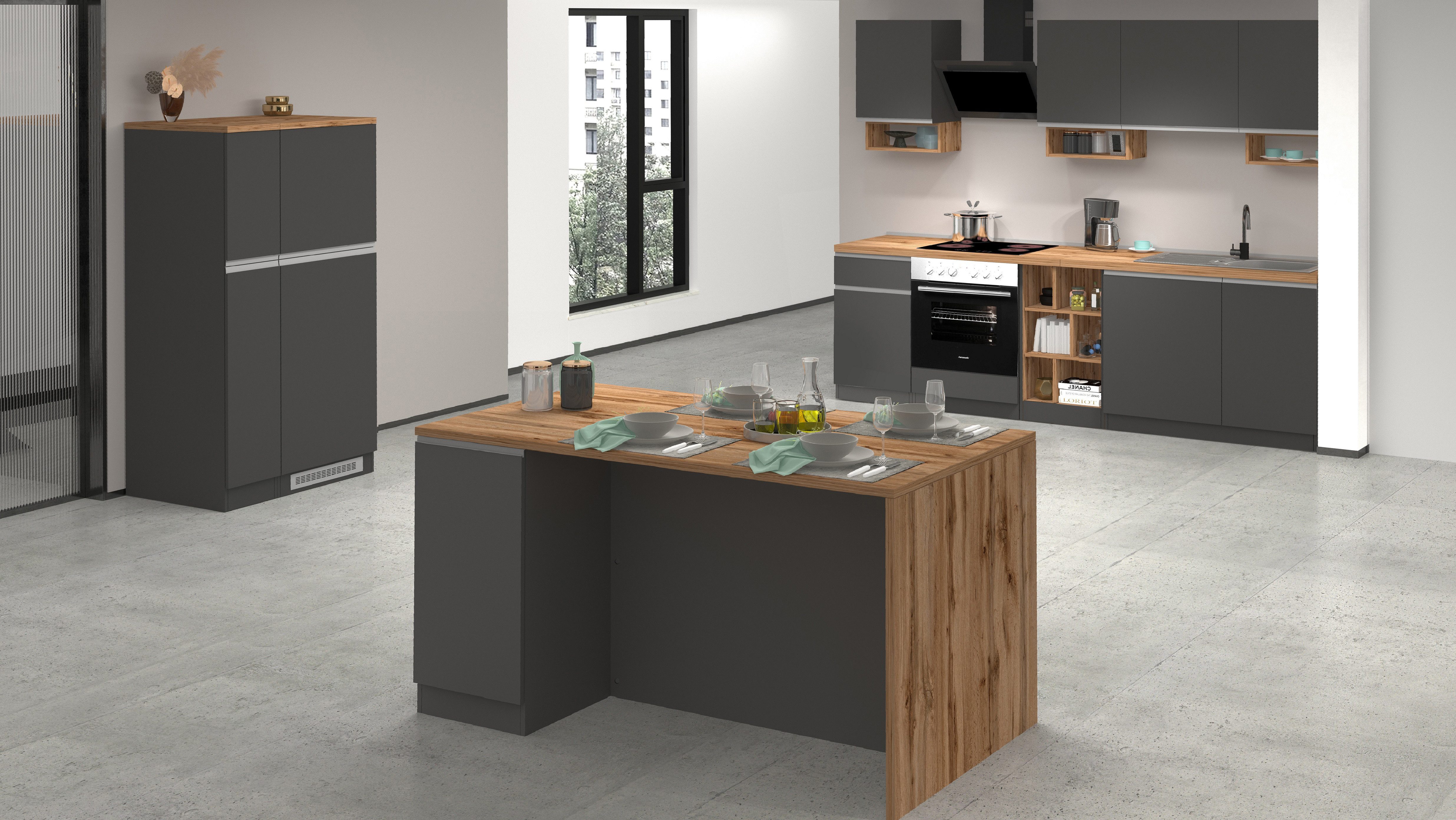 Kochstation Kookeiland Sole, kookeiland, keukenwerkblok, eilandkeuken, werk-eiland Breedte 160 cm met 2 deuren, 4 vakken, werkblad, aluminium handgreep