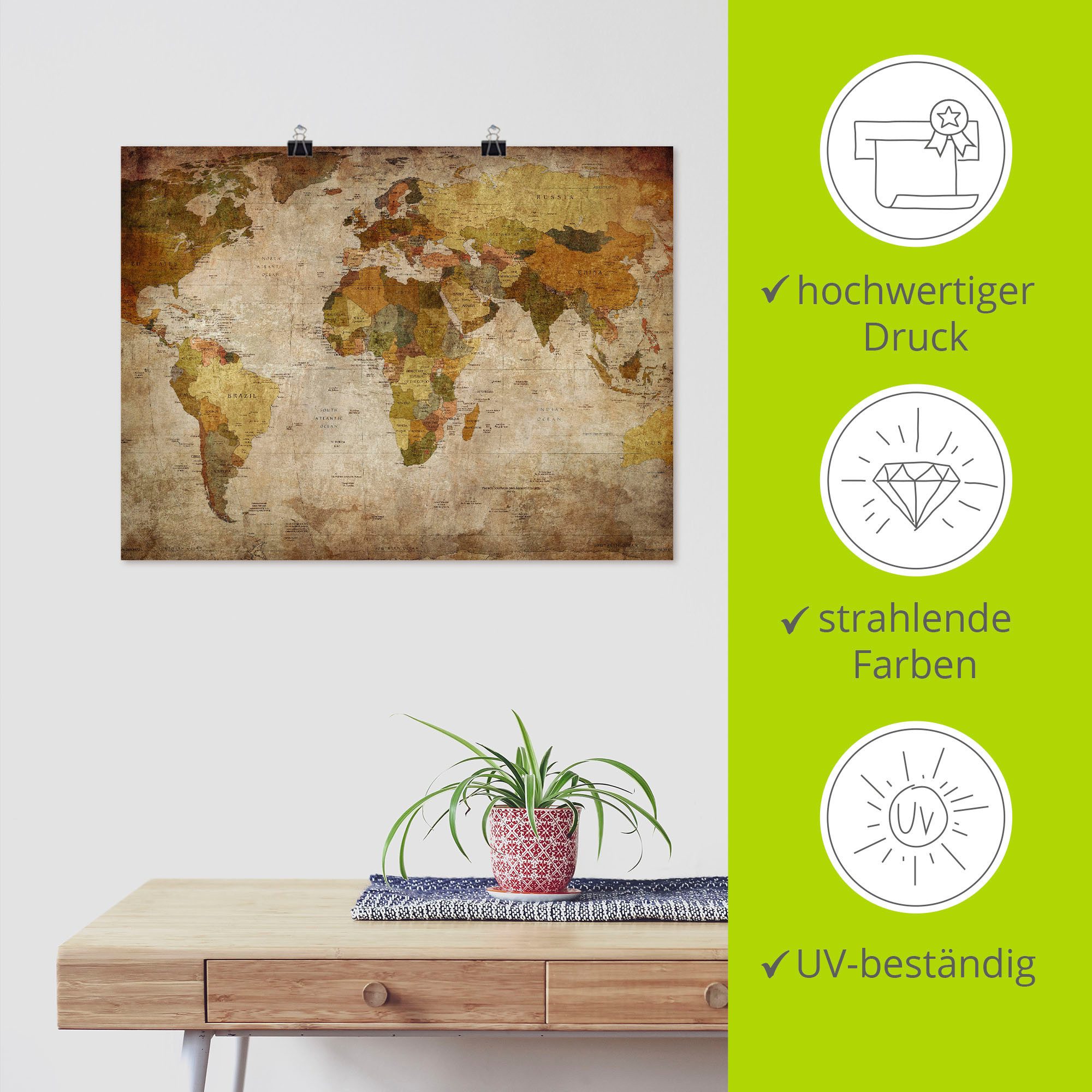 Artland Artprint Wereldkaart als artprint van aluminium, artprint voor buiten, artprint op linnen, poster, muursticker