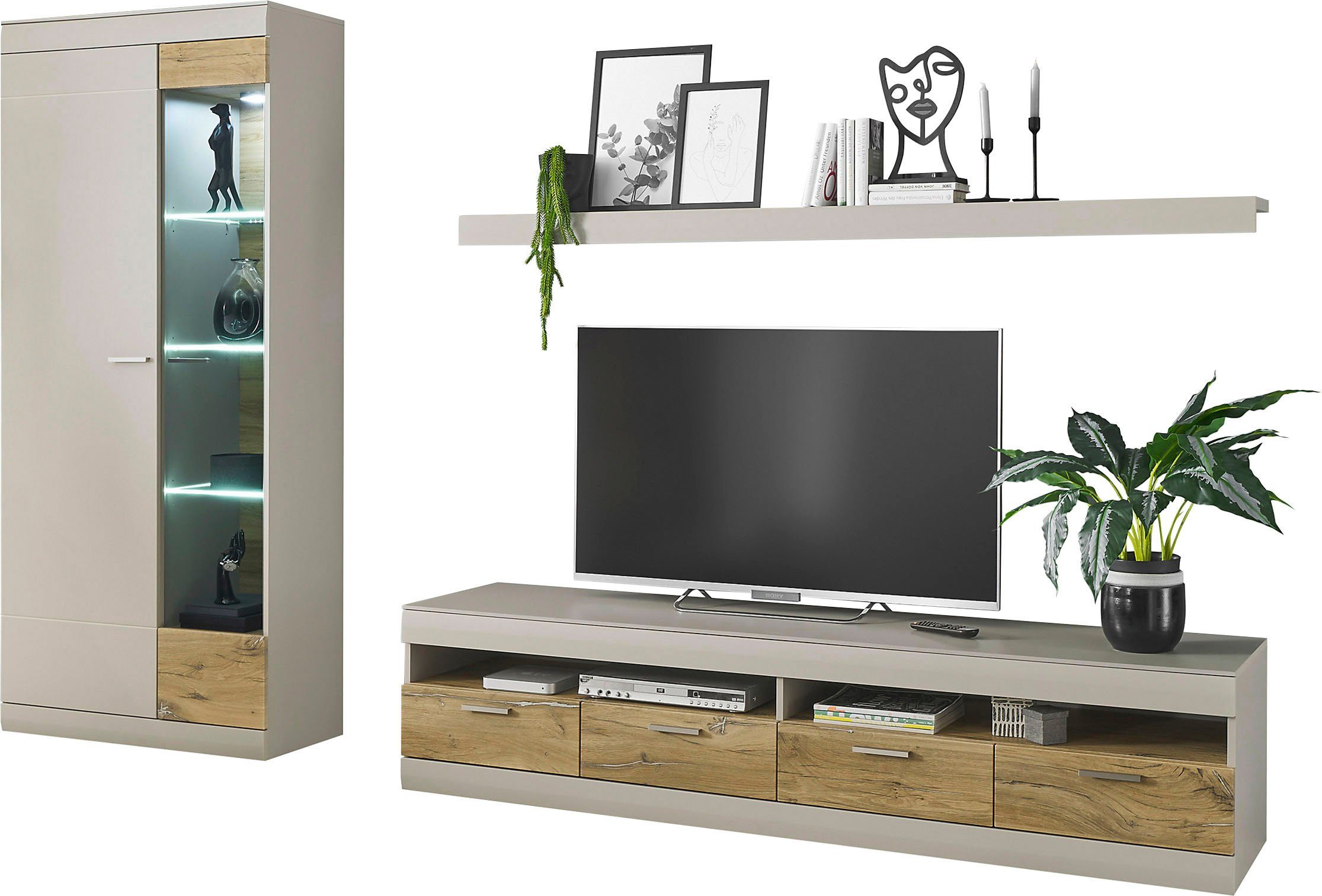 INOSIGN Wandmeubel SCARA trendy kleur met applicatie tineiken decor, met soft-closefunctie (3-delig) tv-wandmeubels grijs