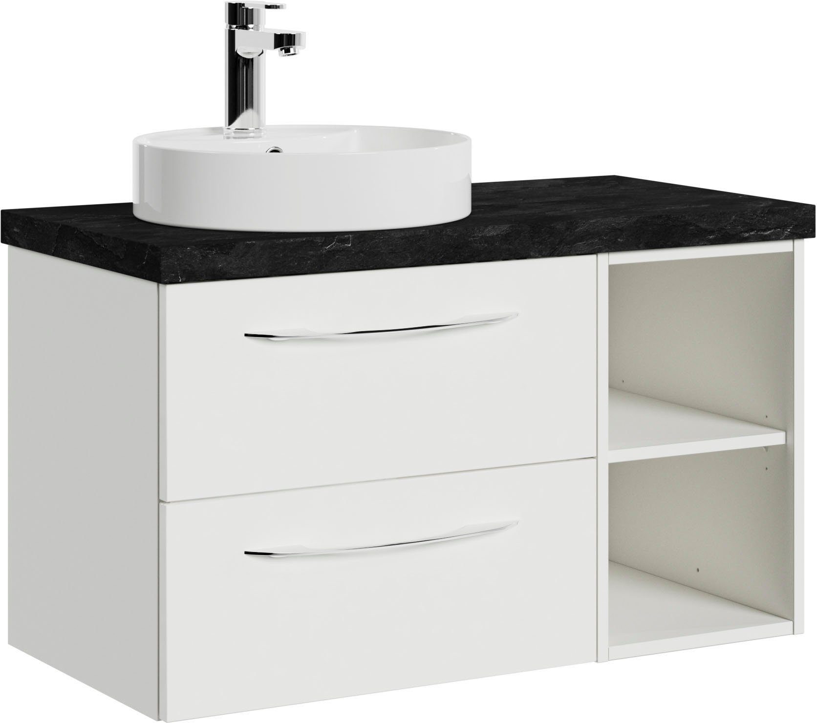 Saphir Wastafelonderkast Serie 4035 keramieken opzetwasbak met onderkast, 88 cm breed Wasplaats met 2 lades, schapvakken, handgrepen in chroom glans