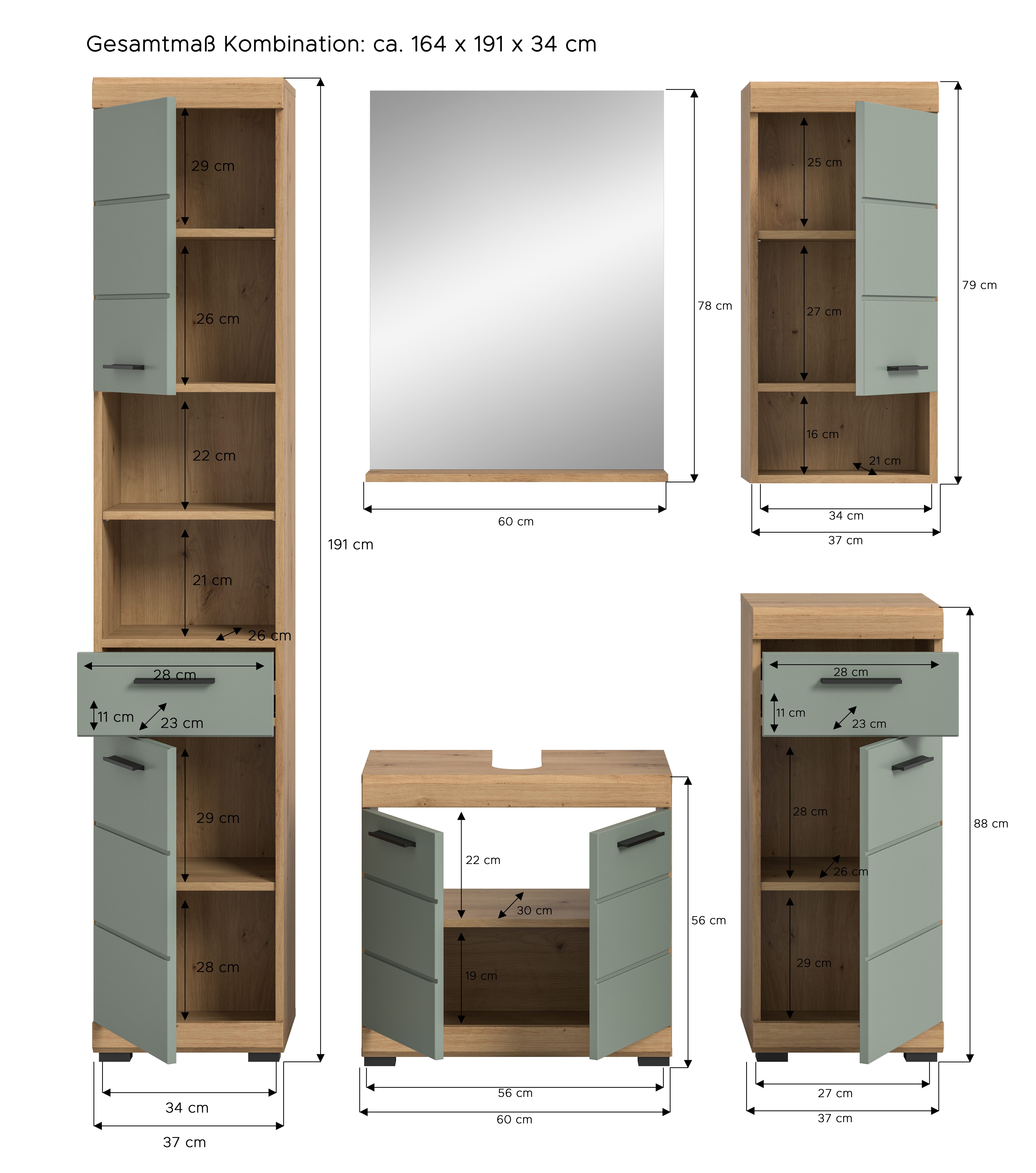 INOSIGN Badmeubelset Siena, 5-delig, bestaande uit: Hoge kast, WBU, spiegel, onderkast, hangkast (set, 5 stuks)