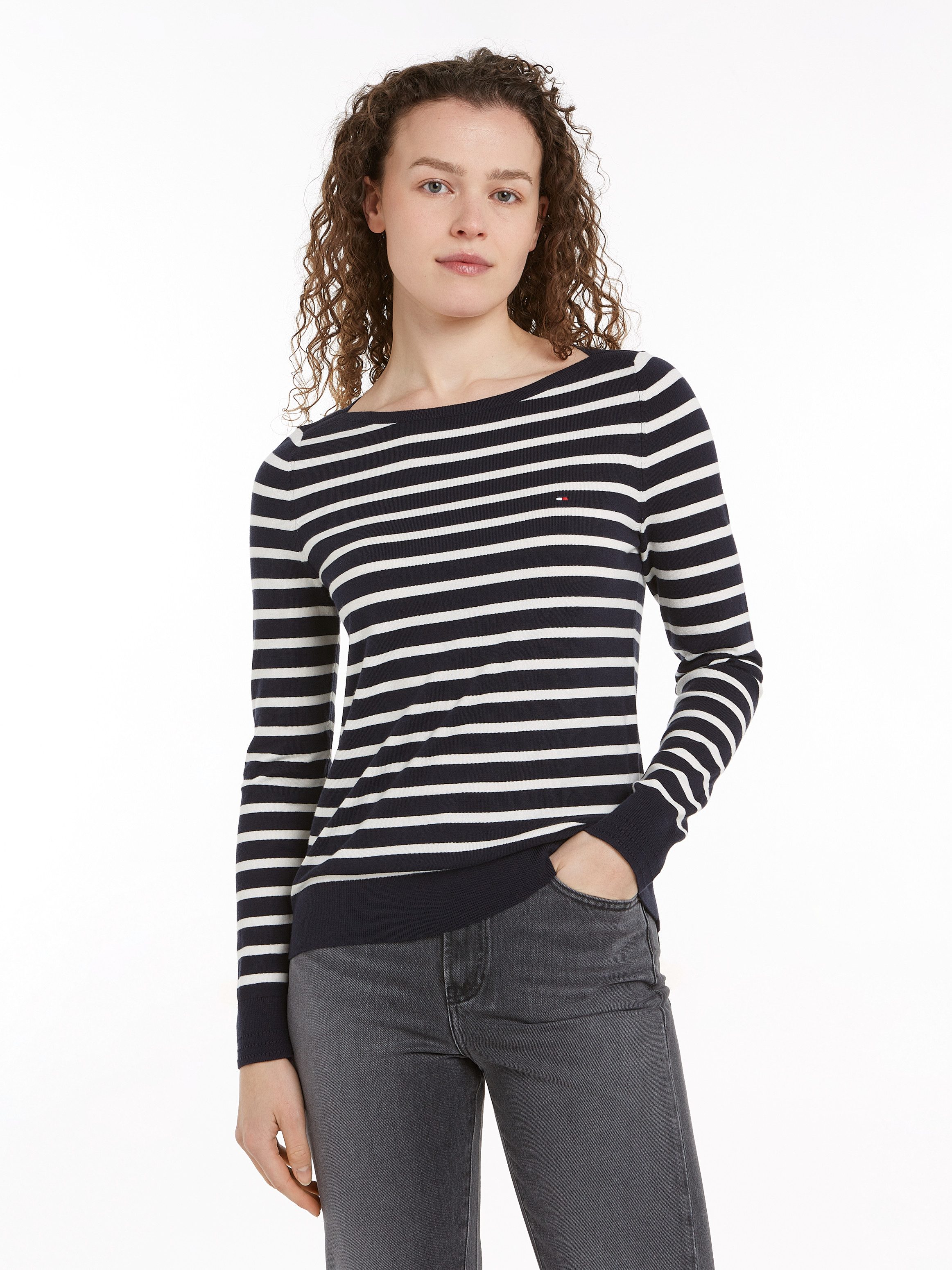 Tommy Hilfiger Gebreide trui CO JERSEY STITCH BOAT-NK SWEATER met -merklabel op de mouw