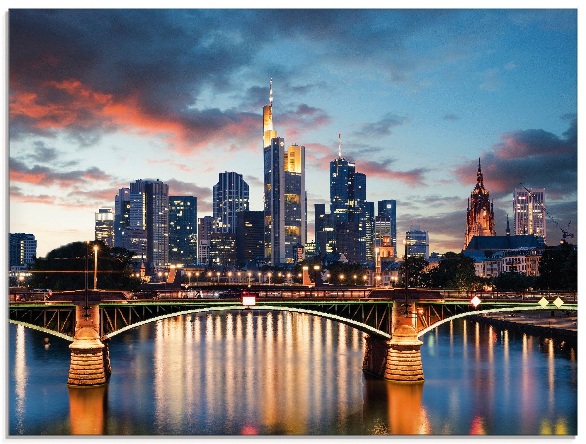 Artland Print op glas Frankfurt am Main Skyline II glazen artprint maat 80 cm x 60 cm blauw