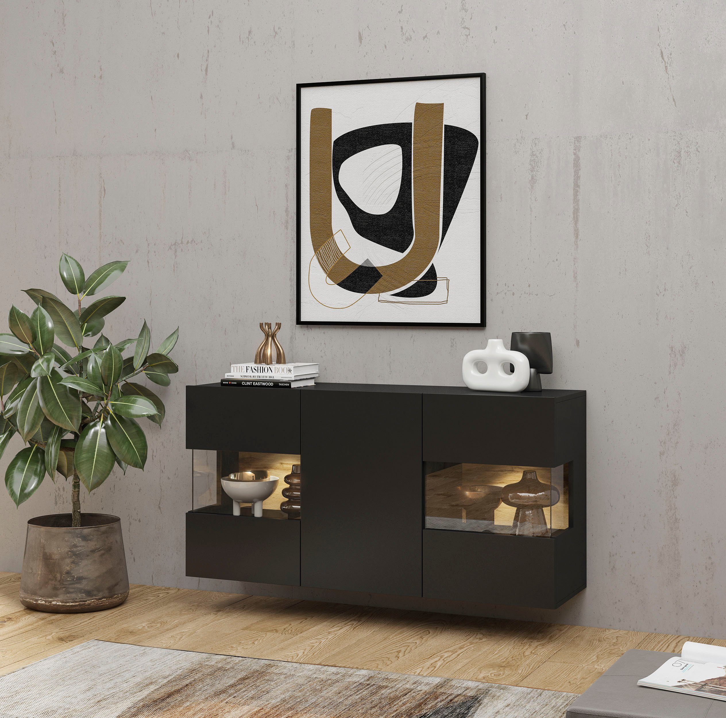 INOSIGN Dressoir Ava, breedte 120 cm, hangend en staand te monteren moderne grepless commode, buffet, 3 deuren, hoekverglasingen