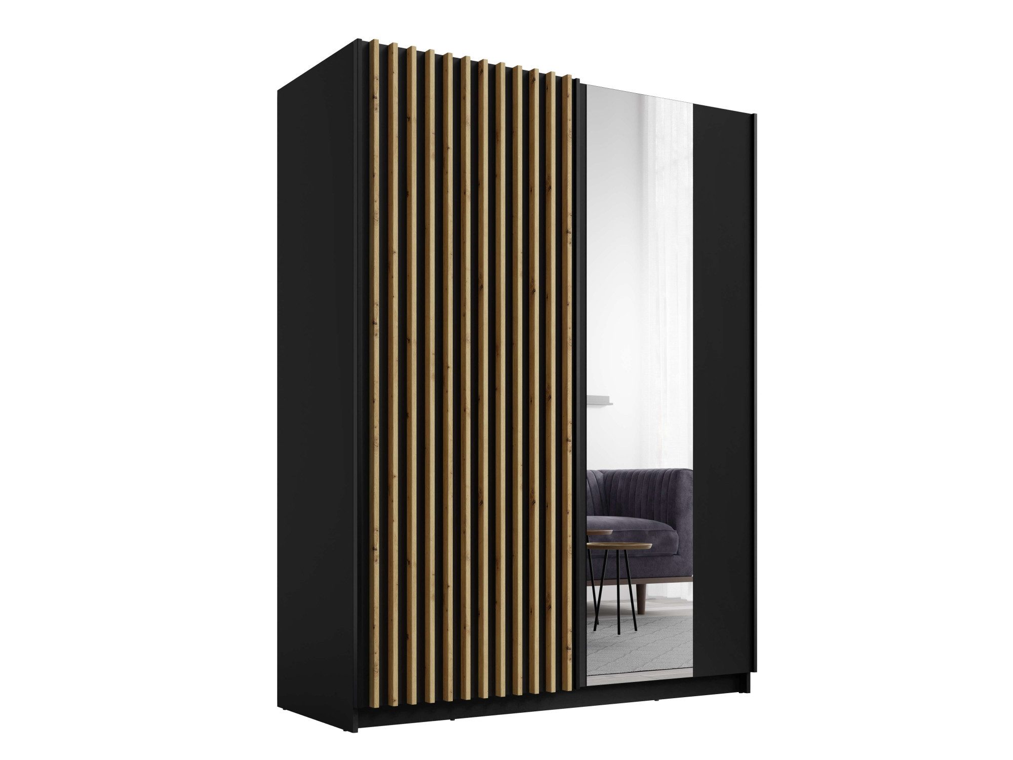 INOSIGN Kledingkast Camden met spiegel, 4 legplanken en kledingstang Garderobe met 2 schuifdeuren en lamellen, BxHxD 150,5x198,5x61,6 cm