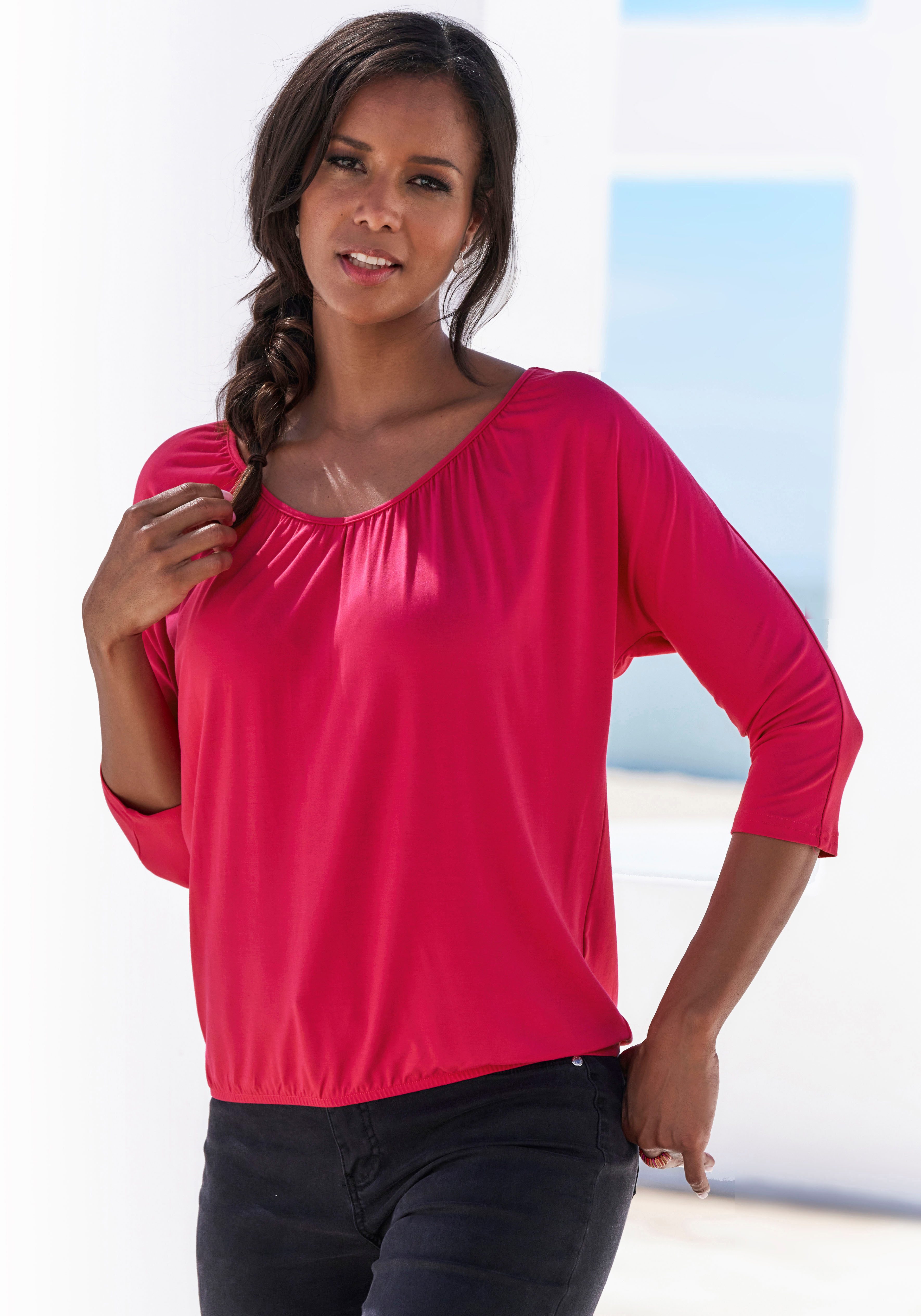 Lascana Shirt met 3 4 mouwen Met fijne plooien bij de hals (Set van 2)