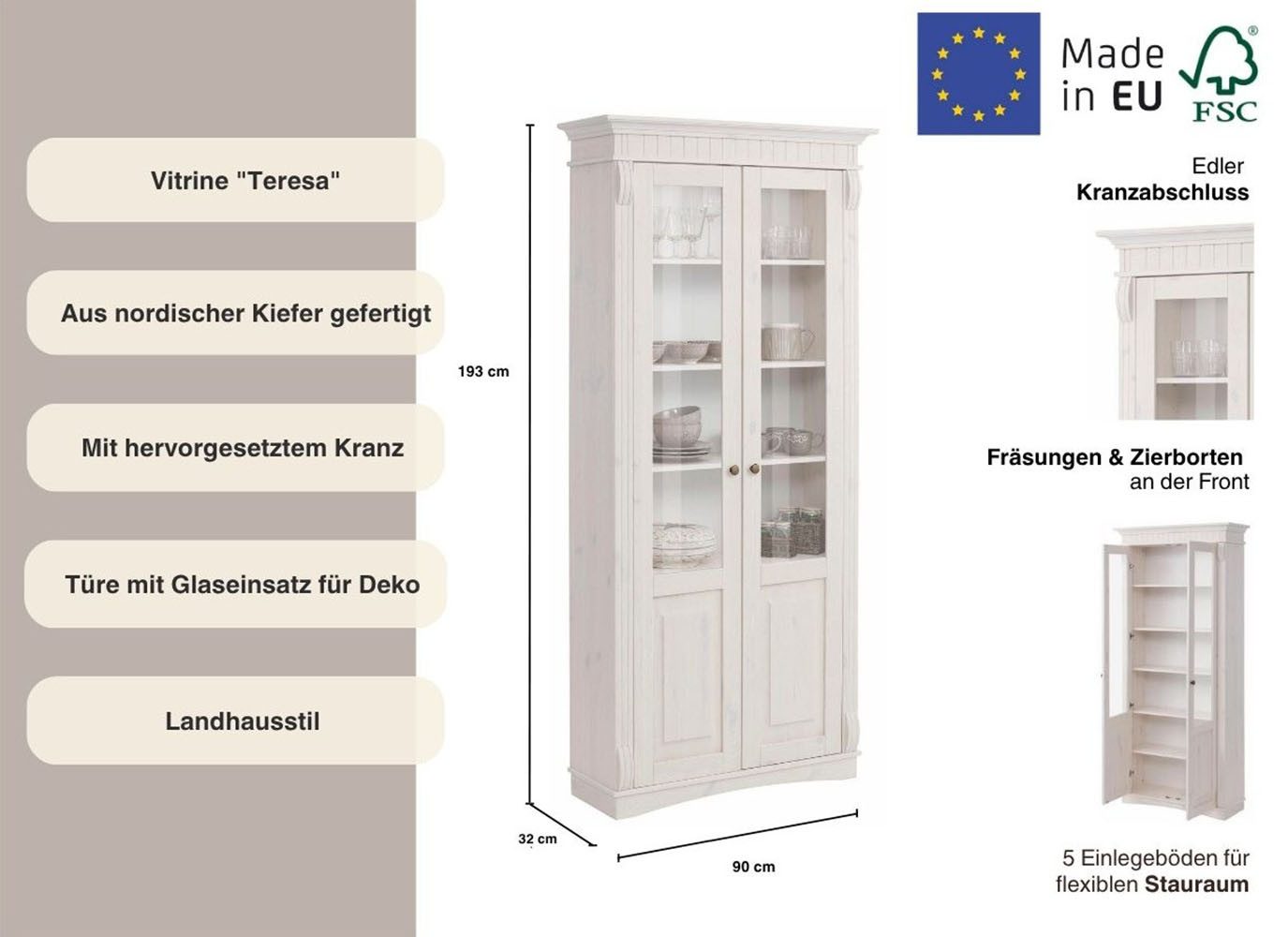 Home affaire Vitrinekast Teresa met 2 glazen deuren, hoogte 193 cm, van massief grenen, fsc®