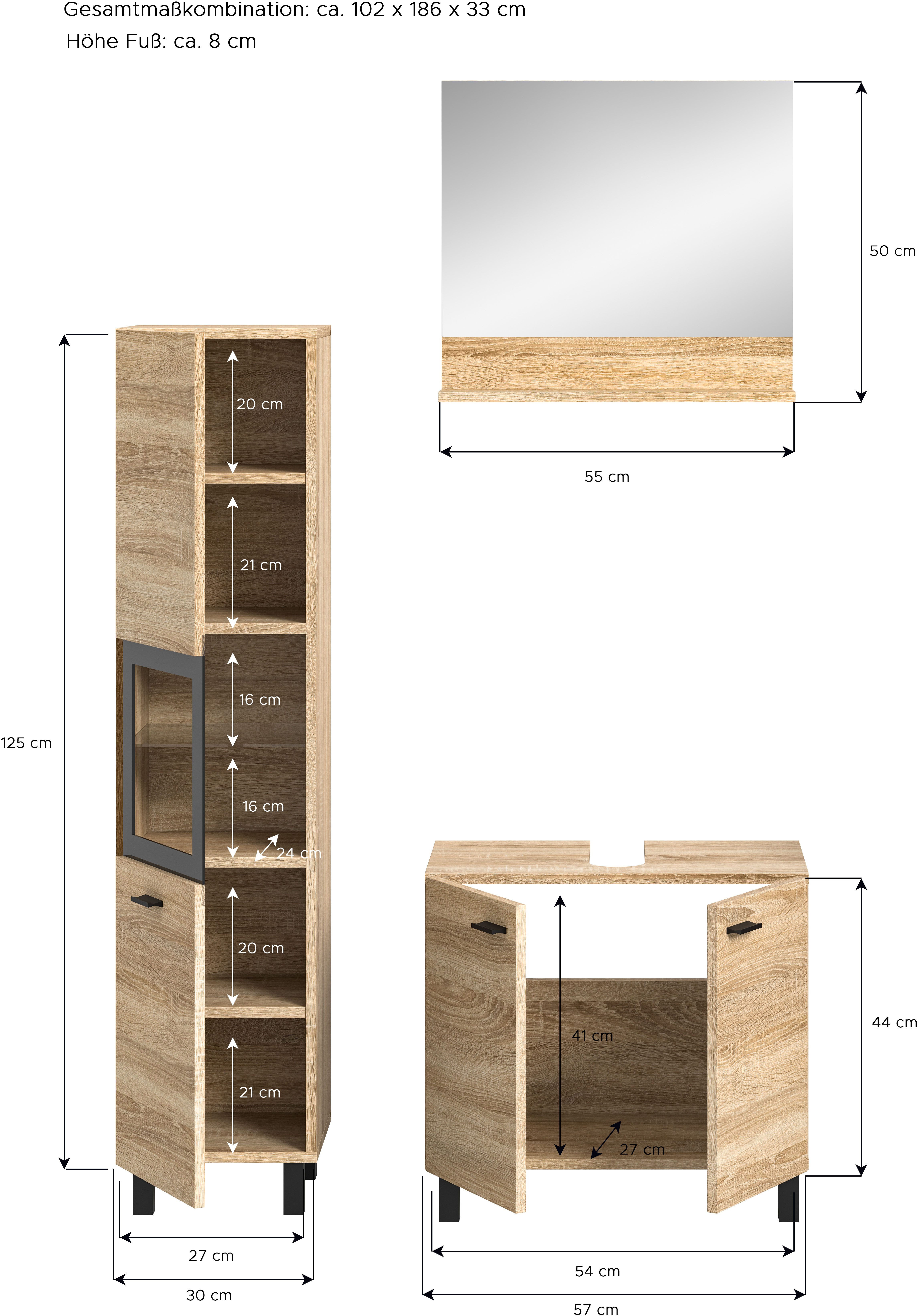 welltime Badmeubelset Tampa, breedte 102cm, 3-delig Wastafelonderkast, spiegel, hoge kast (3 stuks)