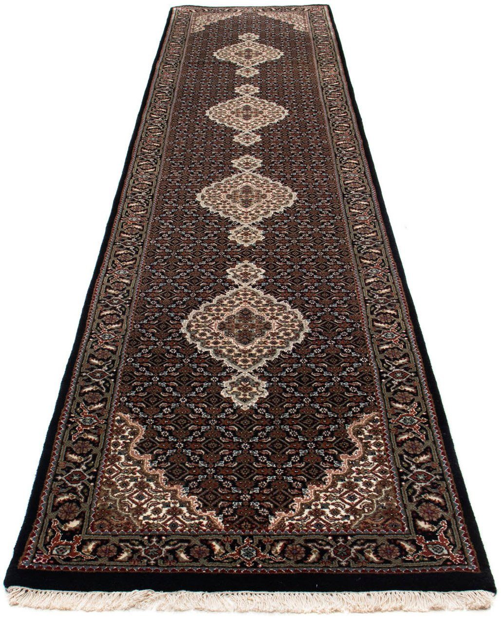 morgenland Hoogpolige loper Tabriz medaillon Blu scuro 393 x 83 cm Uniek exemplaar met certificaat