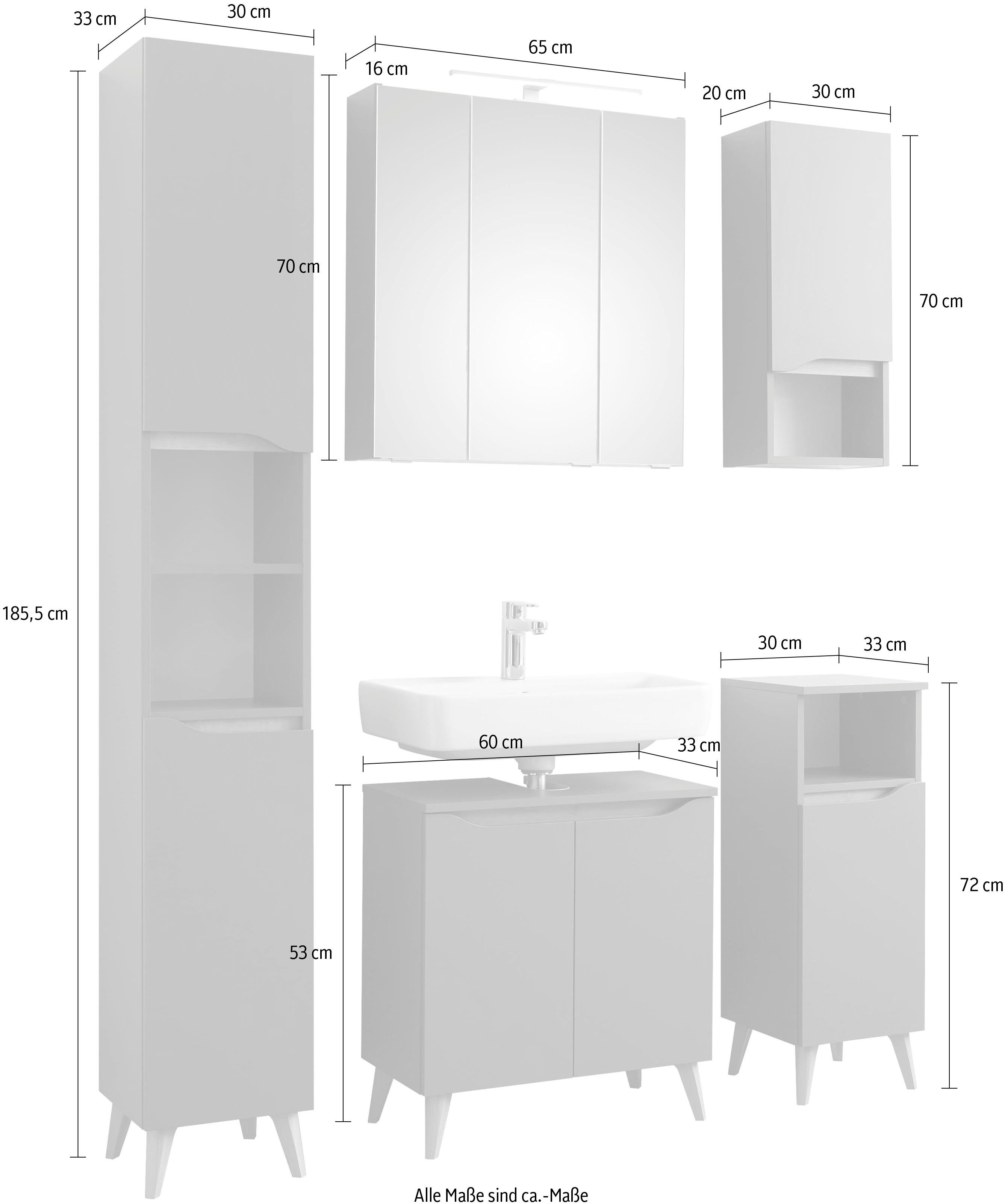 Saphir Badkamerserie Quickset 5-delige wastafelonderkast en LED-spiegelkast Hoge kast, onderkast, hangend kastje, inclusief deurdemper, 9 deuren (5-delig)