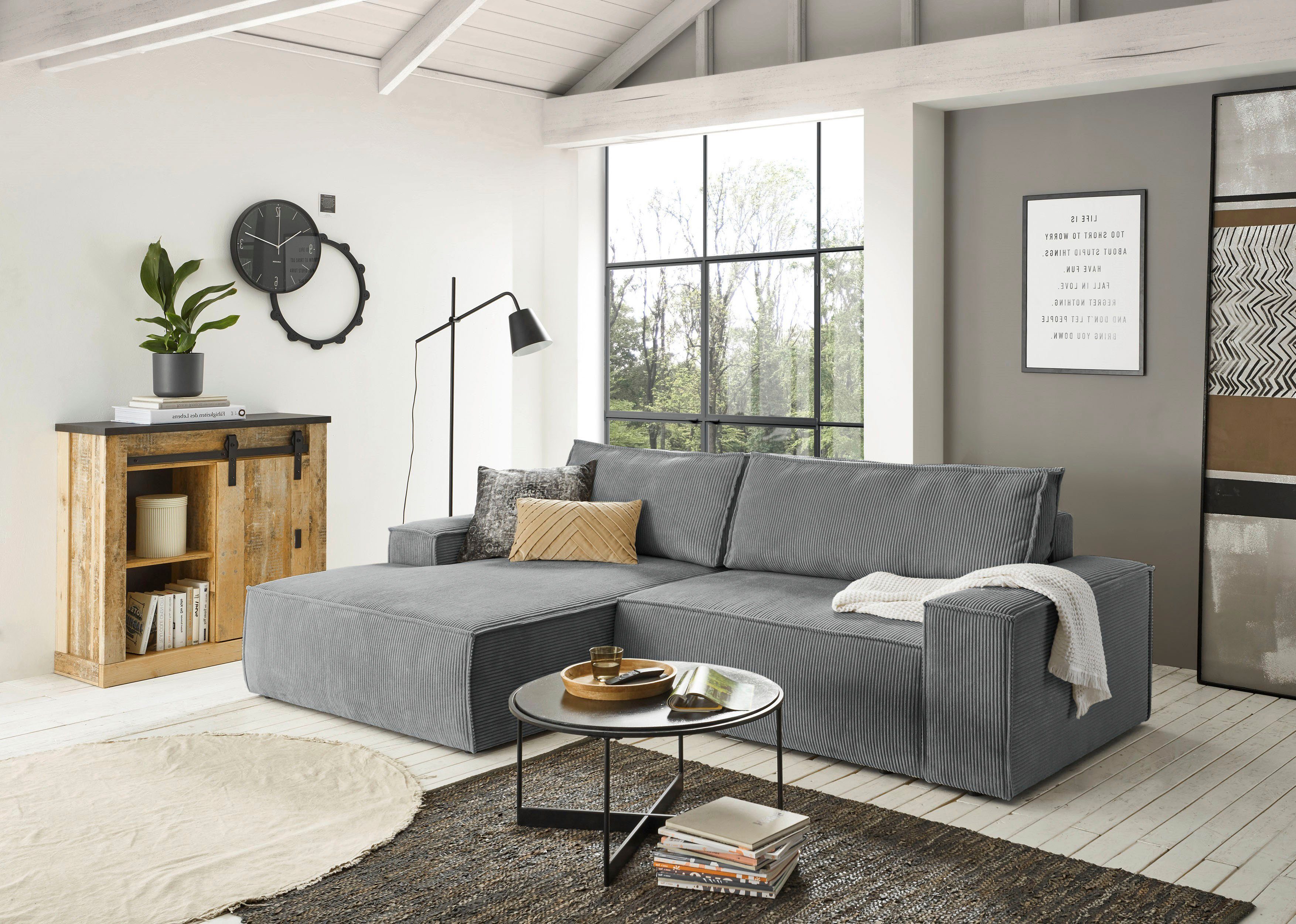 Home affaire Hoekbank SHERWOOD bedbank 267 cm, L-model, Slaapfunctie met bedlade (210x136 cm), cord, vintage, fluweel