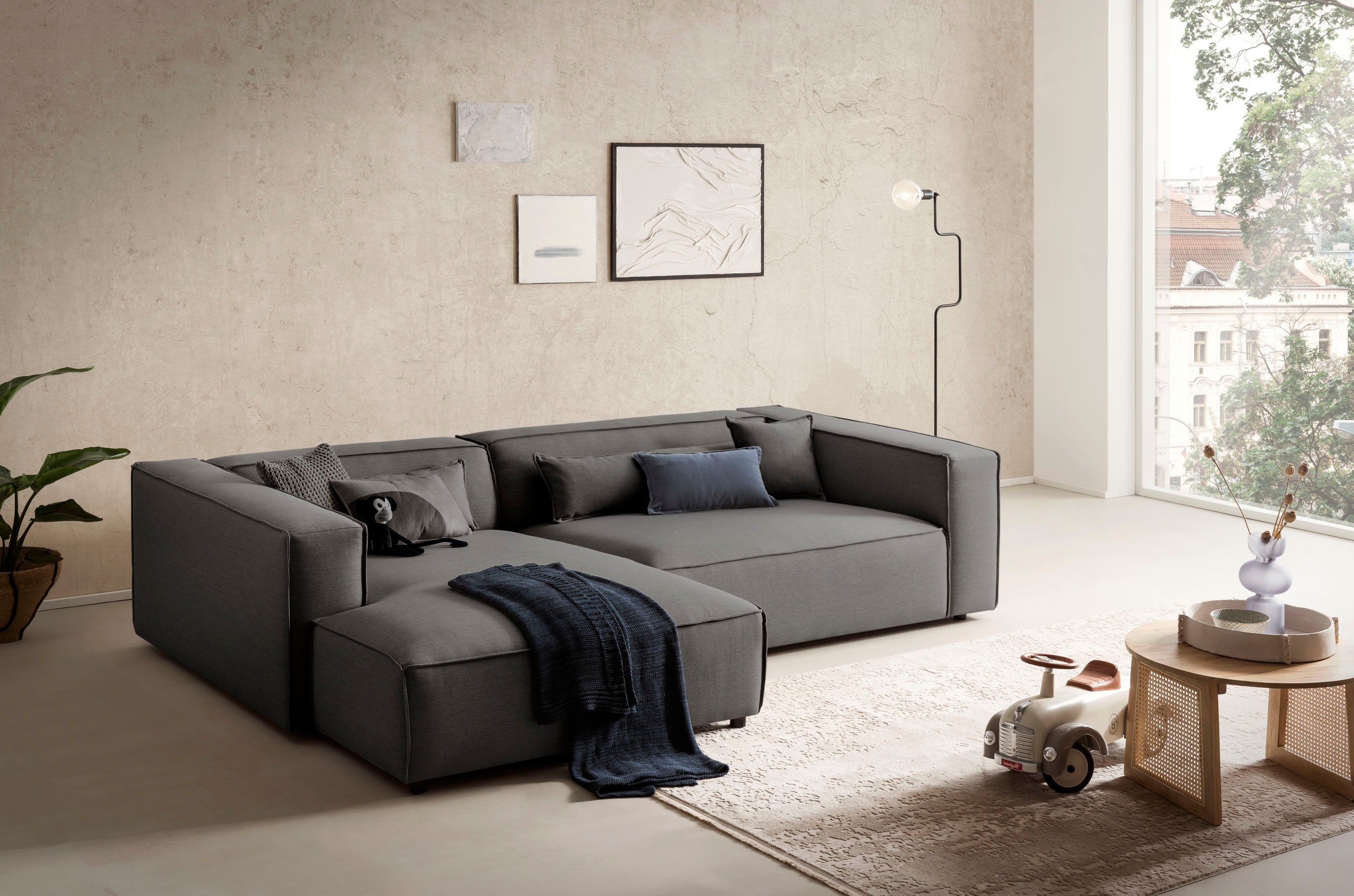 LeGer Home by Lena Gercke Hoekbank PIARA XXL, Big-sofa in cord of linnenlook, L-vorm, met biesnaad