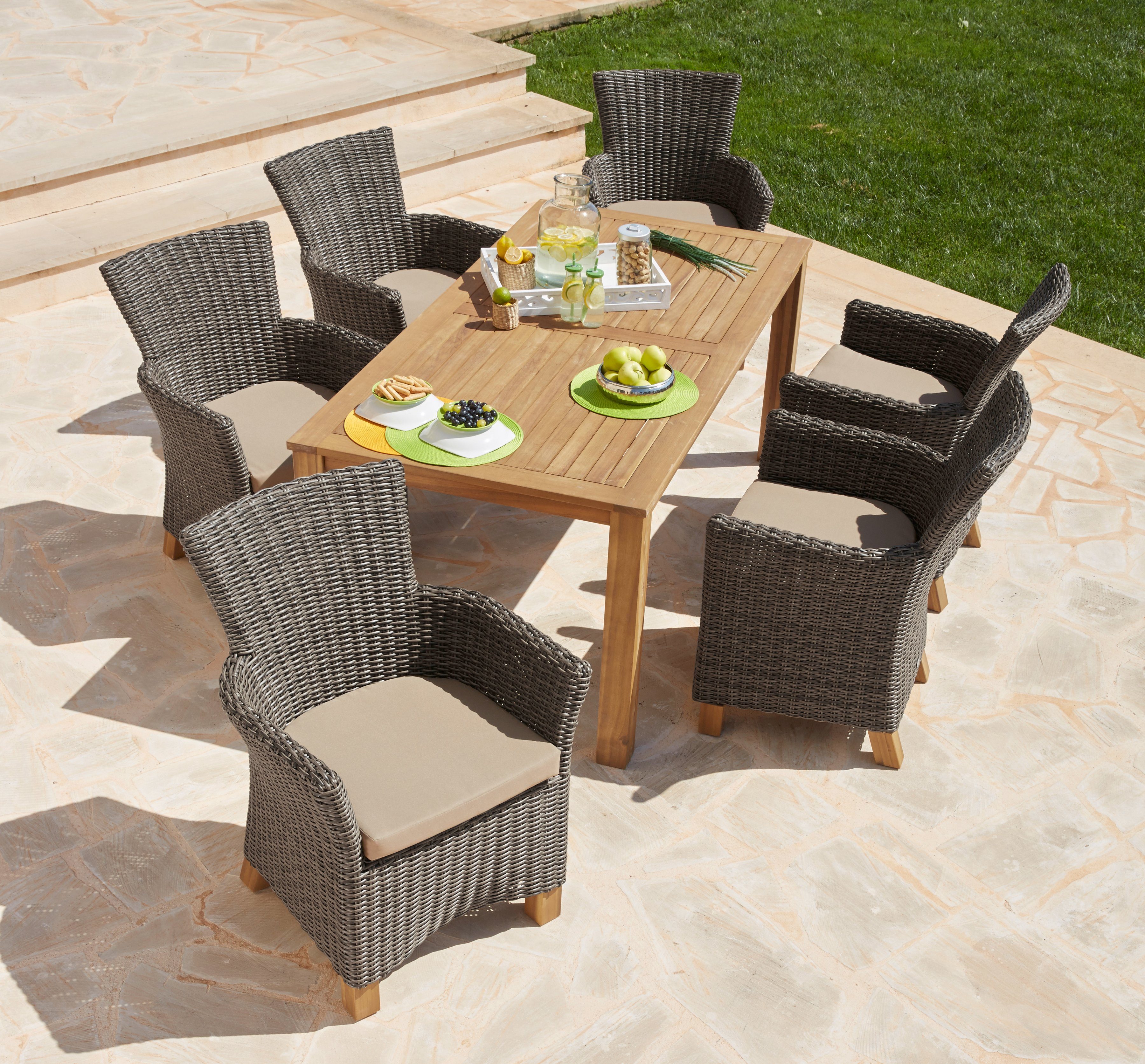 MERXX Tuin-eethoek Toscane 6 fauteuils, tafel 185x90 cm, polyrotan/acacia (13-delig)