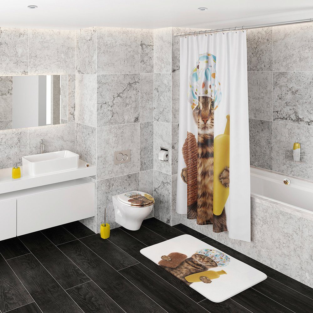 Sanilo Set badkameraccessoires Shower Cat bestaand uit toiletzitting, badmat en wastafelplug (3-delig)