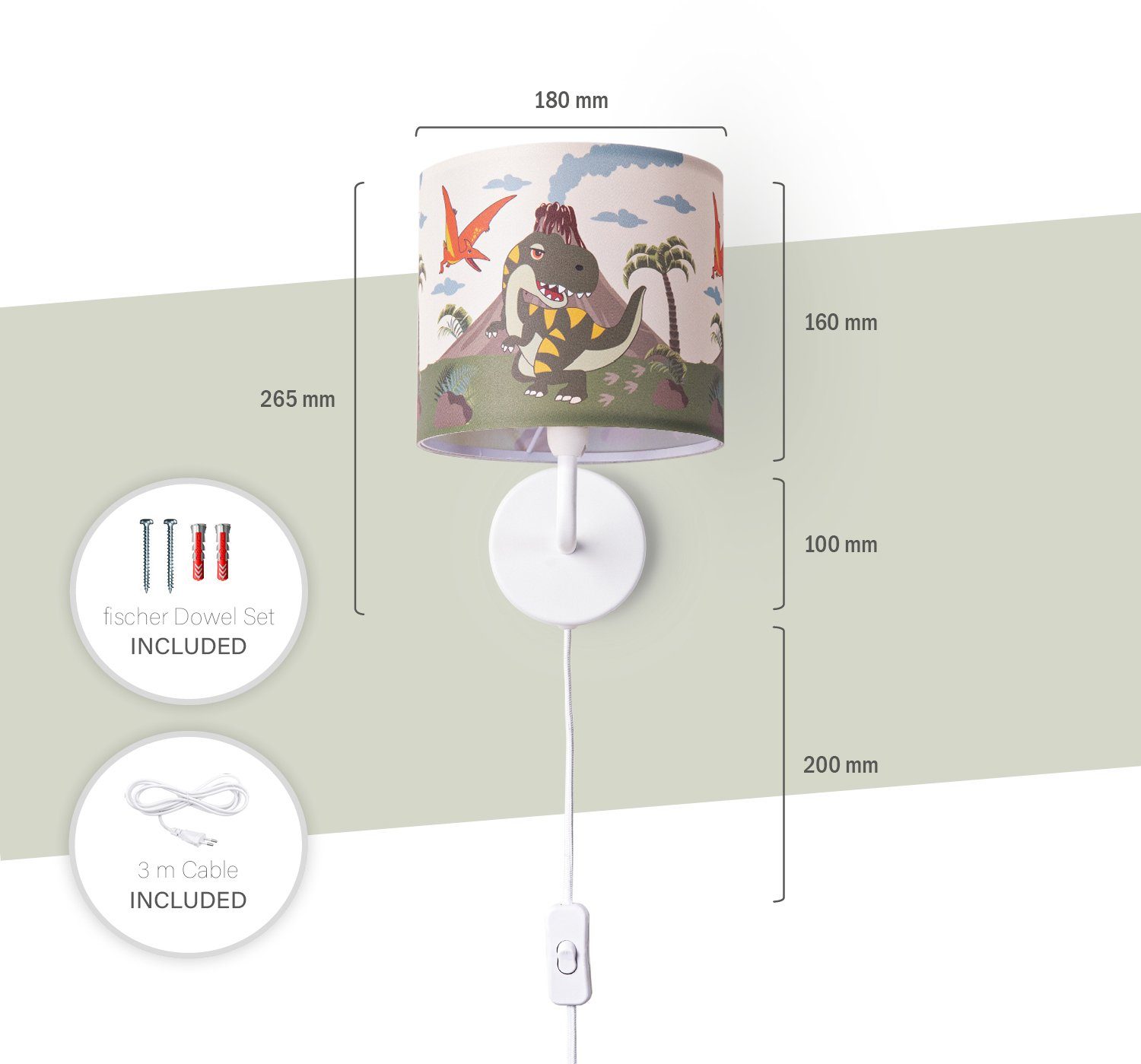 Paco Home Wandlamp Diamond 636 Lamp kinderkamer met âˆ…18cm dinosaurier kabel 3m E14
