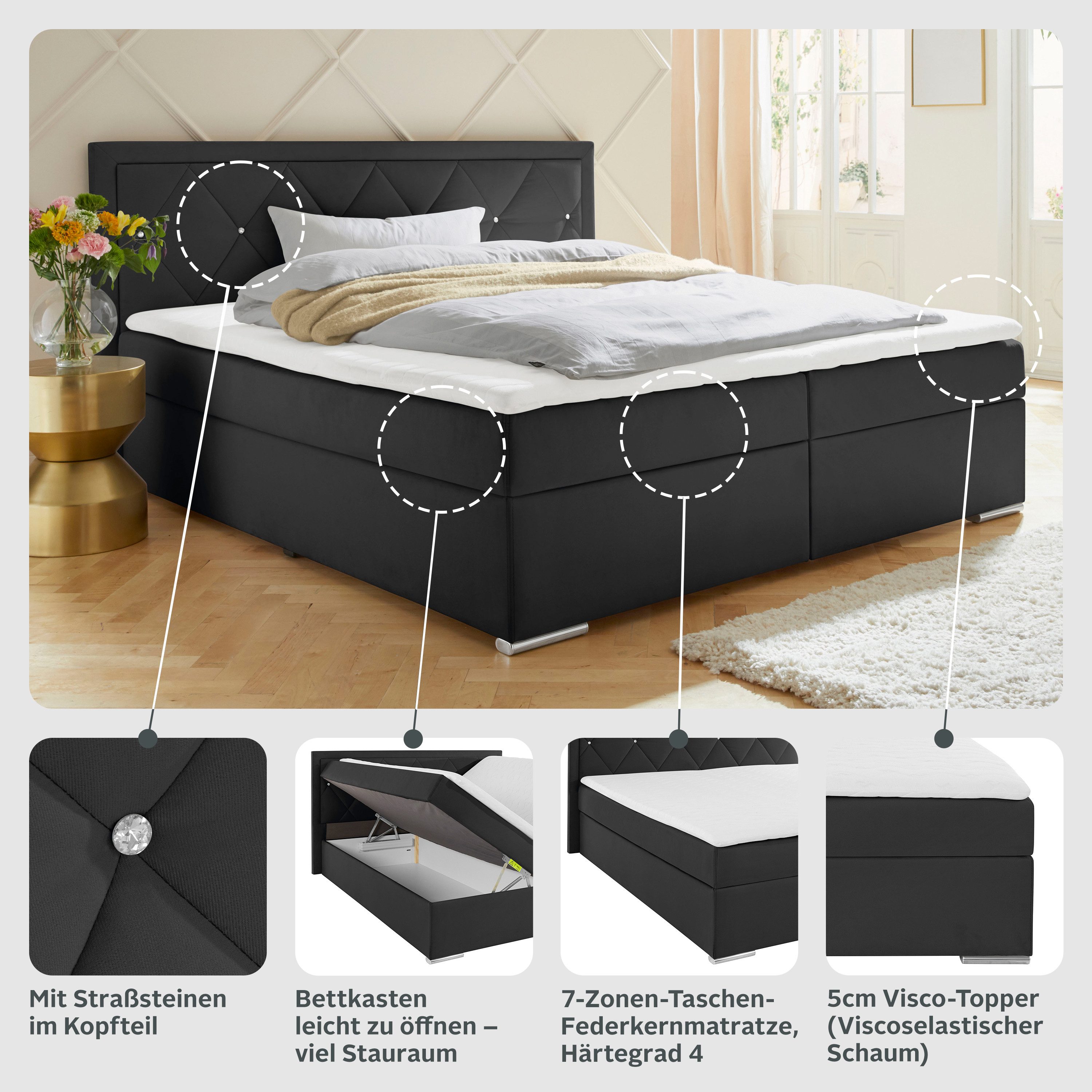 Leonique Boxspring Alfie, bestseller, optioneel met bedlade met strassteentjes in het hoofdbord, h2, h3 en h4 ter keuze