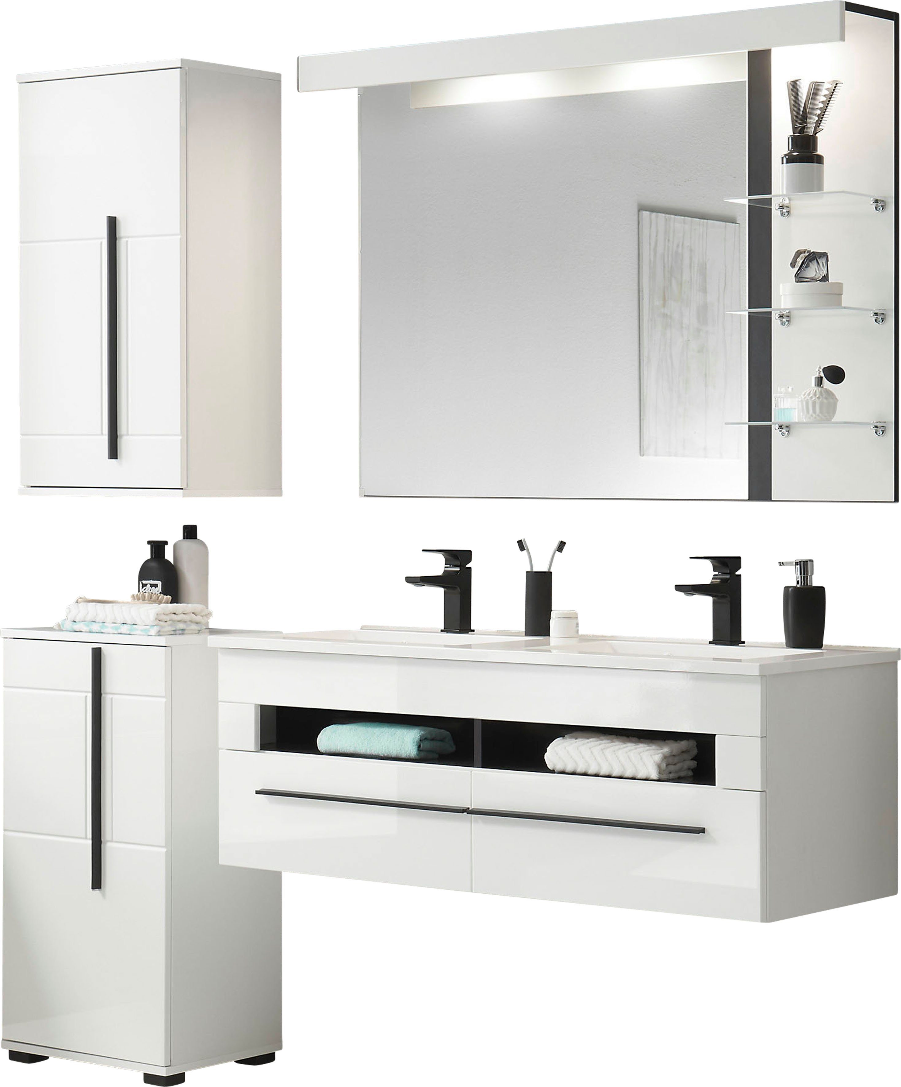 INOSIGN Badkamerserie Cantara, badkamer in modern ontwerp, 4-delig badkamer Waschtafel, kast, hangkast en spiegel, in wit hoogglans (set, 4-delig)