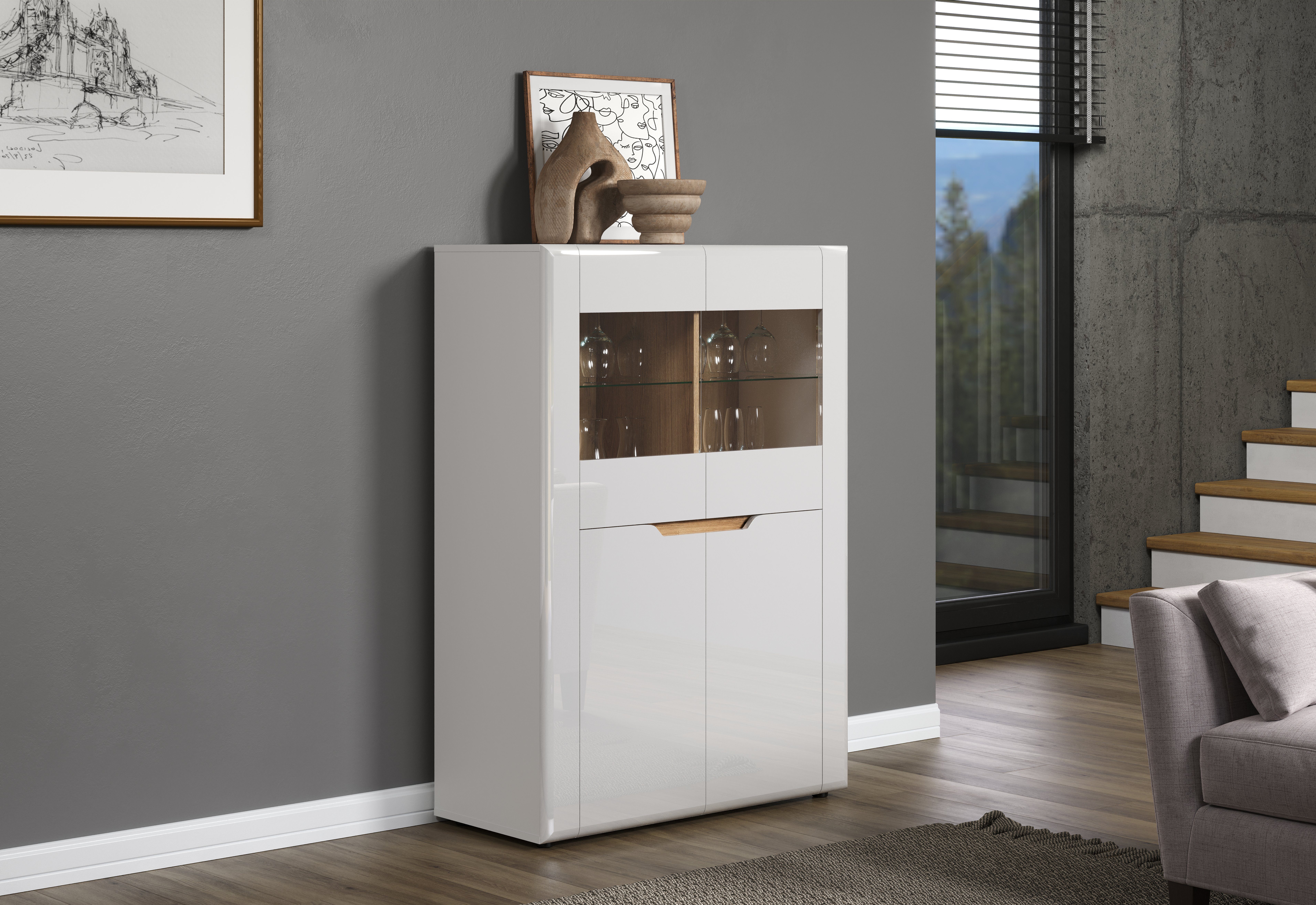 INOSIGN Vitrinekast Graz Hoge kast met glazen deuren Grifflos, breedte 96 cm, hoogte 132 cm (1 stuk)