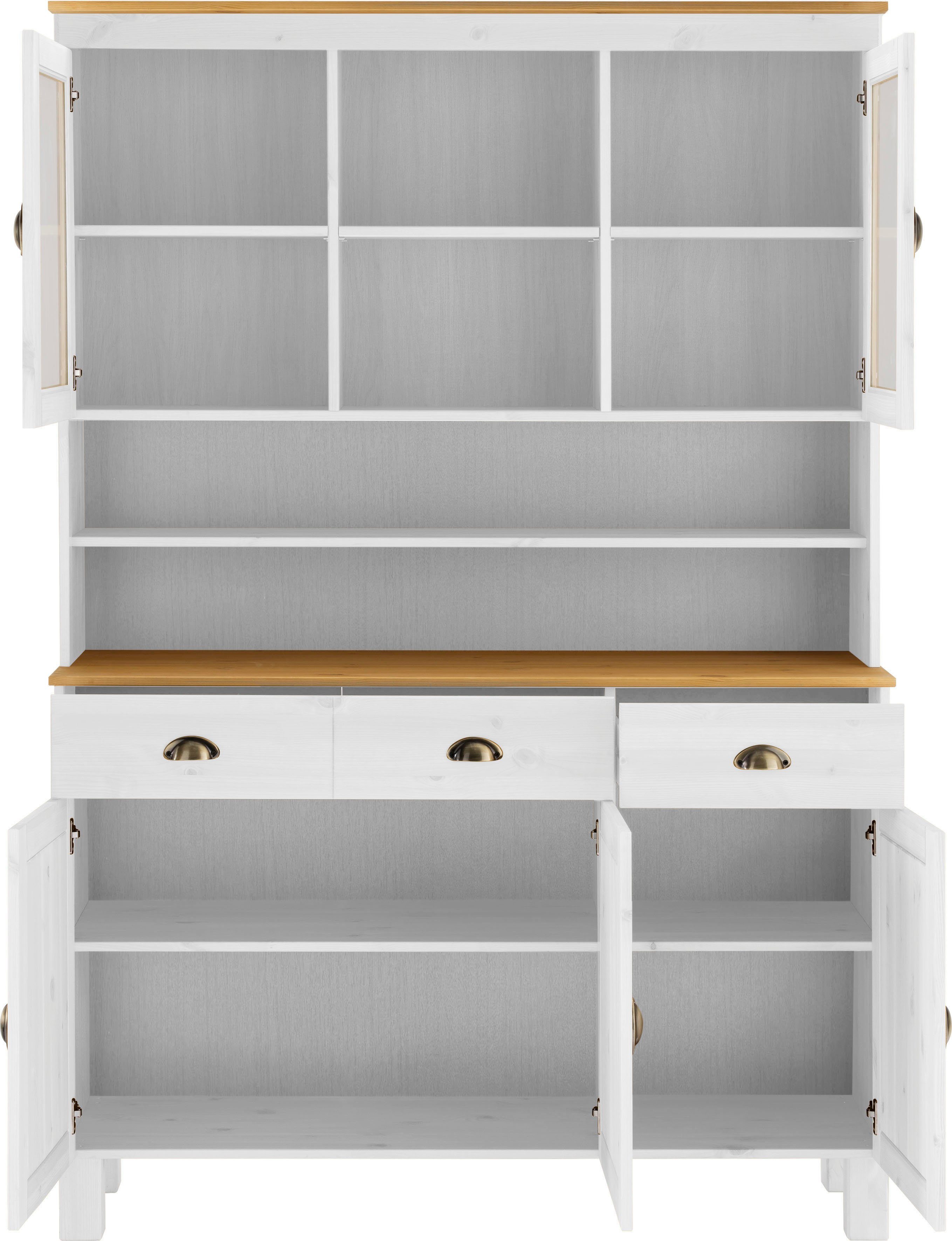Home affaire Keukenbuffet Oslo 125 cm breed, van massief grenen, met 2 glasdeuren, metalen grepen