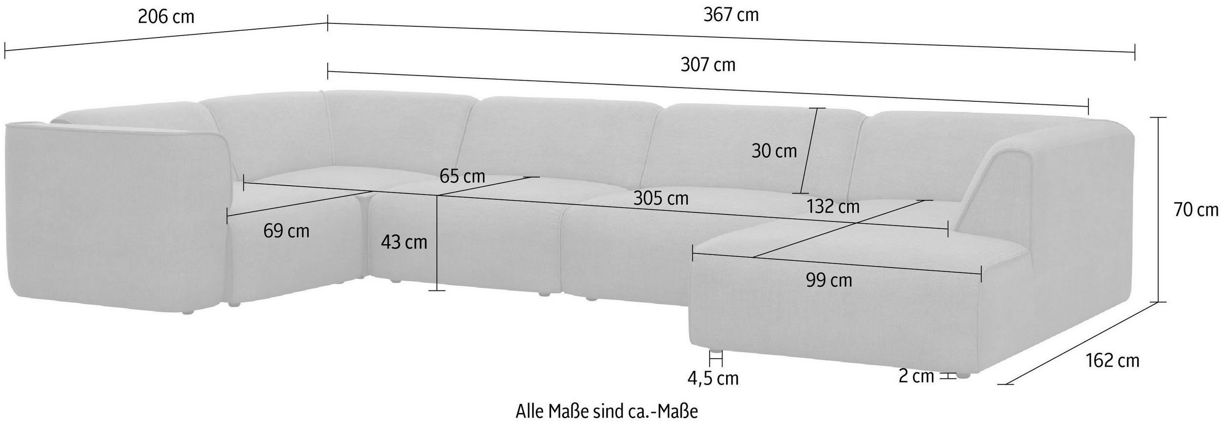 RAUM.ID Zithoek Merid U-vorm, altijd uitbreidbaar met modules, B/D/H: 367/206/70 cm