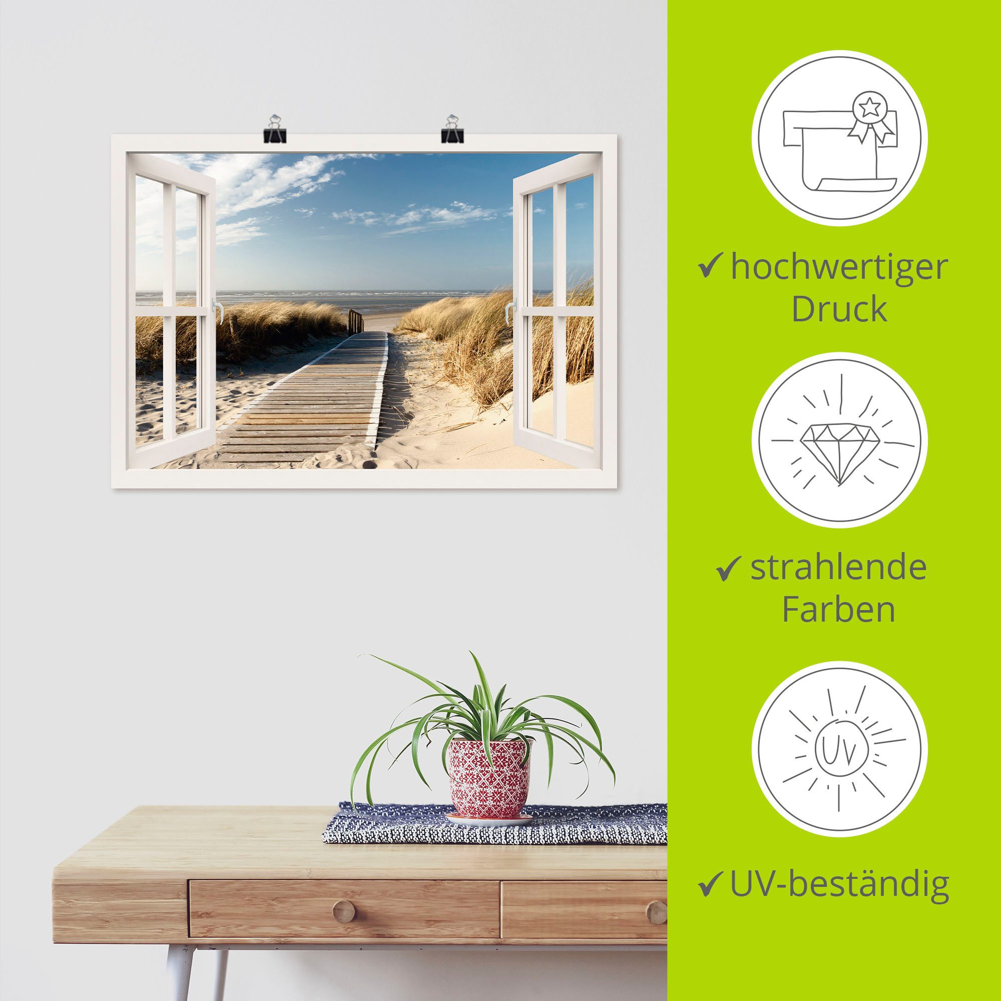 Artland Artprint Blik uit het venster Noordzeestrand op Langeoog als artprint op linnen, poster, muursticker in verschillende maten