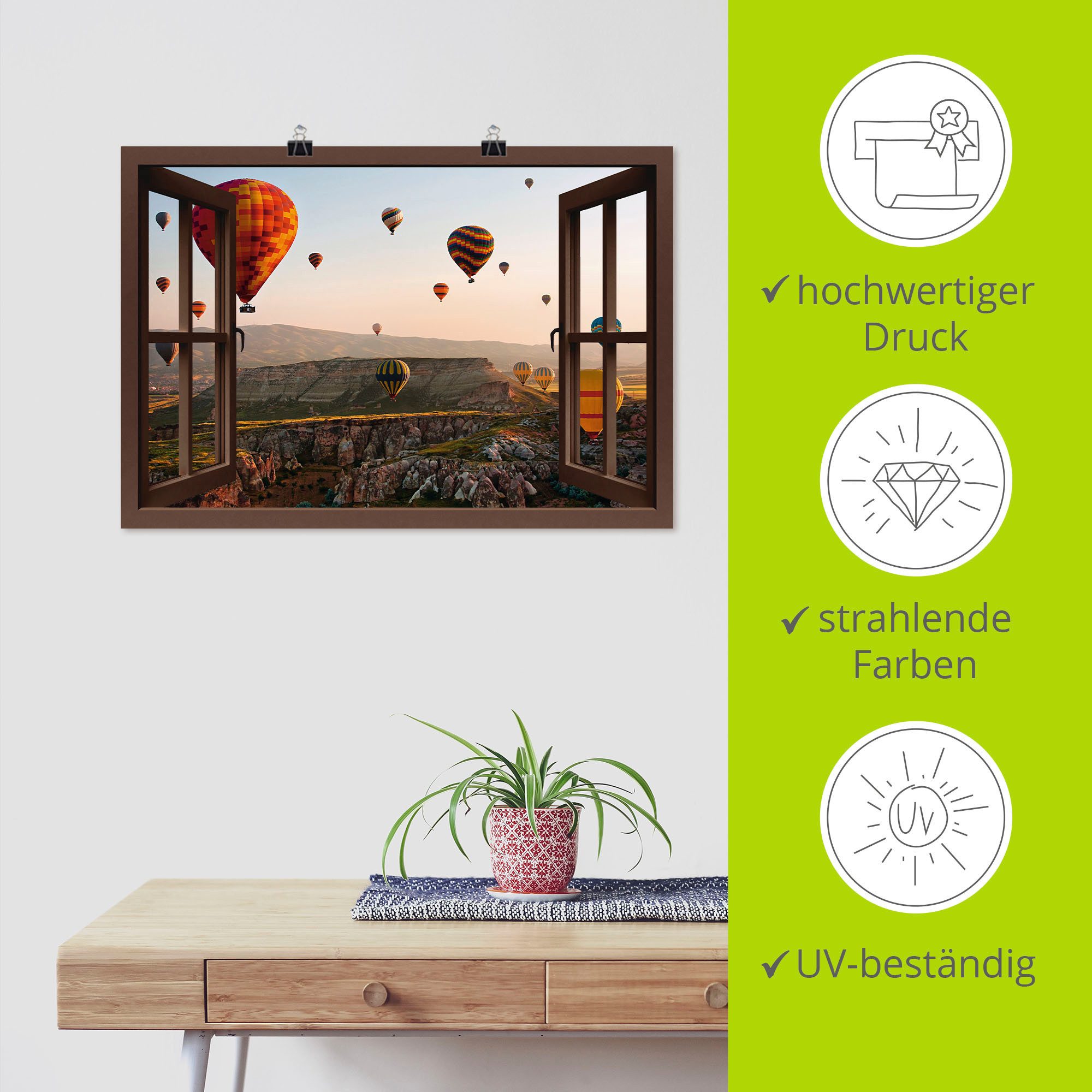 Artland Artprint Blik uit het venster Cappadocië ballonvaart als artprint op linnen, poster, muursticker in verschillende maten