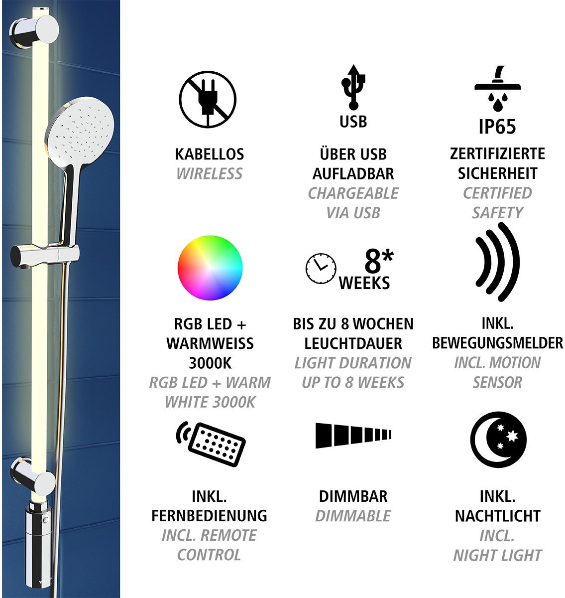 WENKO Douchestang-set Douchestang met ledverlichting met douchekop en doucheslang, inclusief oplaadbare eenheid (3-delig)