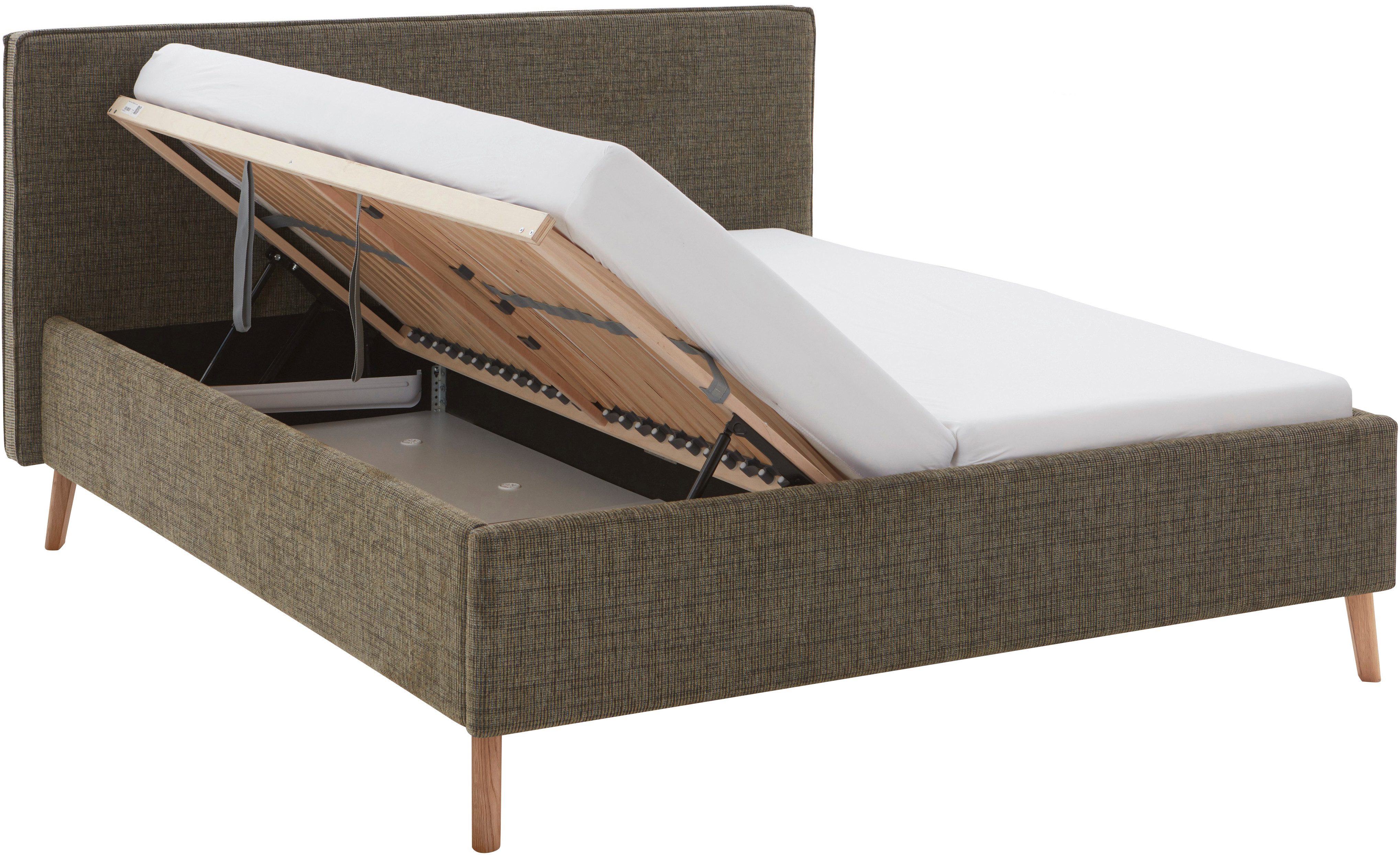 meise.möbel Gestoffeerd bed Riva met eikenkleurige houten poten, naar keuze met bedkist en lattenbodem