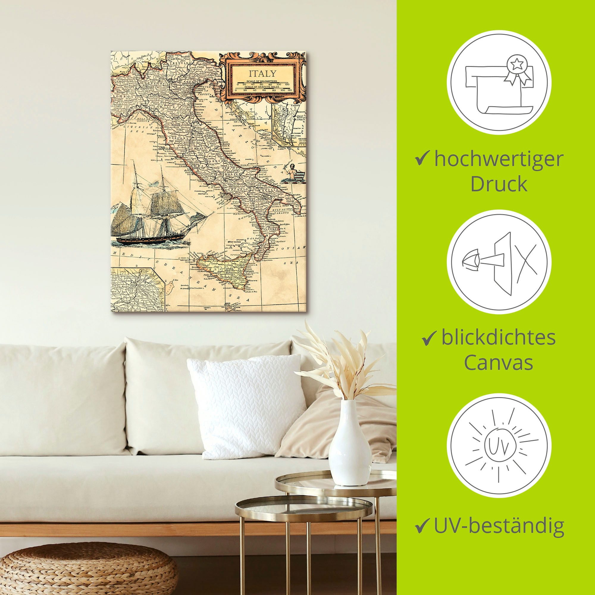 Artland Artprint Italië kaart als artprint op linnen, poster in verschillende formaten maten