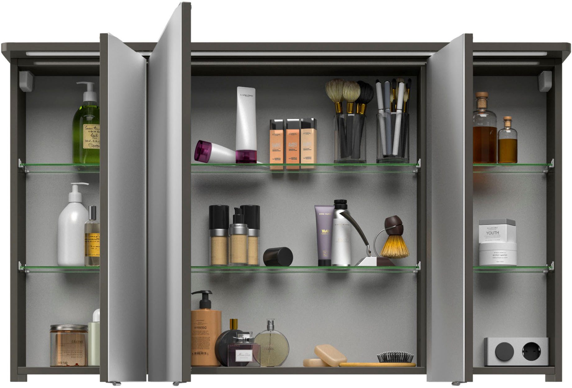Saphir Spiegelkast Serie 4005 badkamer spiegelkast incl. LED-kransverlichting Badkast 120 cm breed, 3 deuren, 6 glazen legplanken, incl. deurdemper