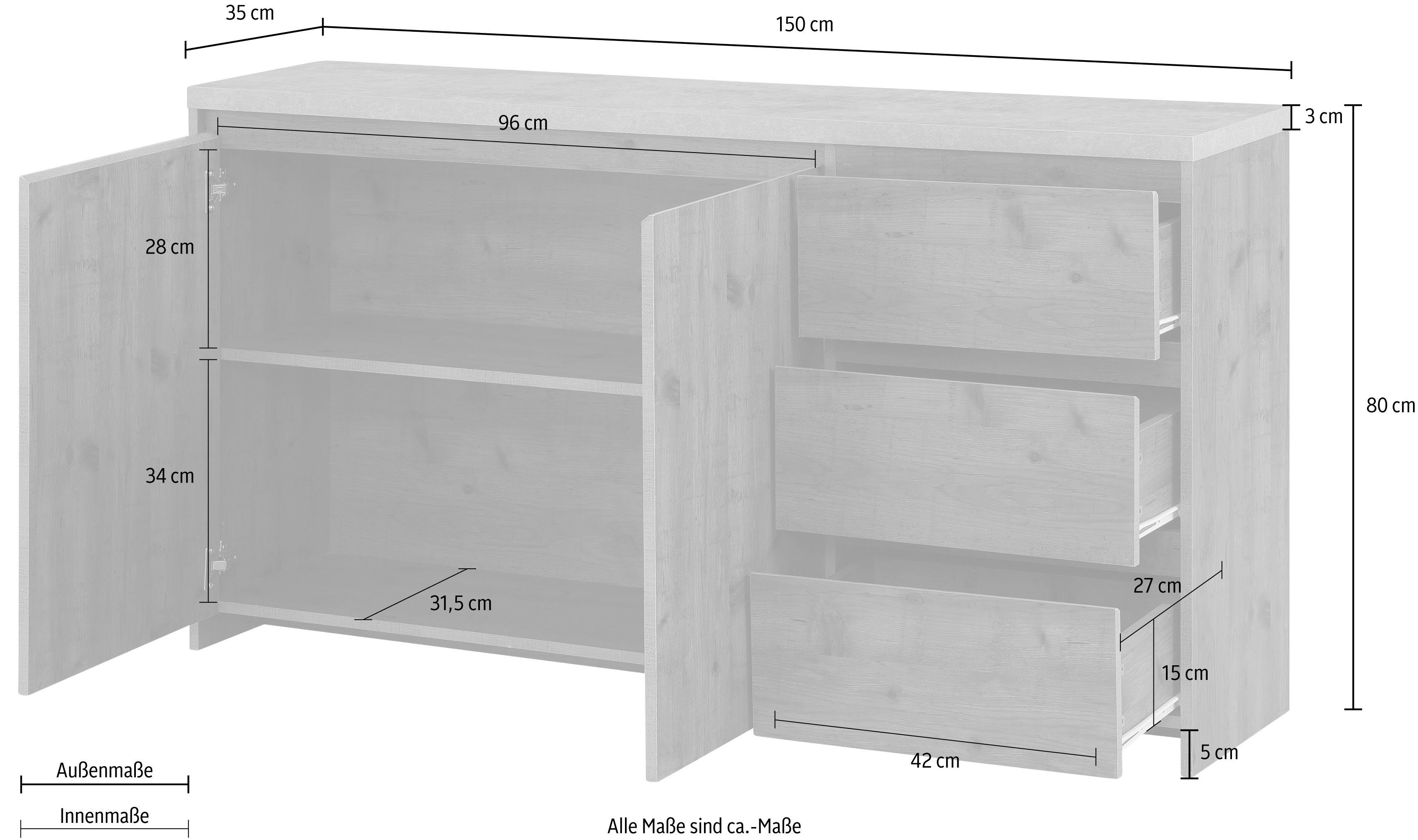 Home affaire Dressoir Maribo Commode in moderne landhuisstijl, met betonnen bovenblad, breedte 150 cm