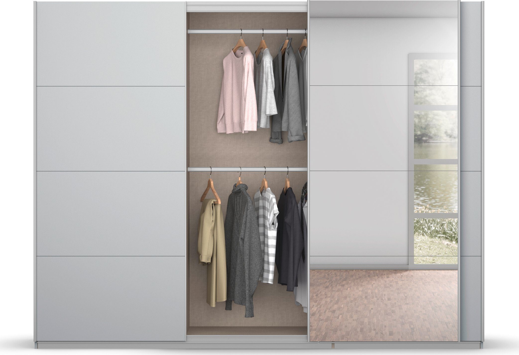 rauch Zweefdeurkast Kledingkast kast garderobe BESTSELLER KOLUNA met spiegel inclusief 2 binnenladen en extra legplanken made in germany