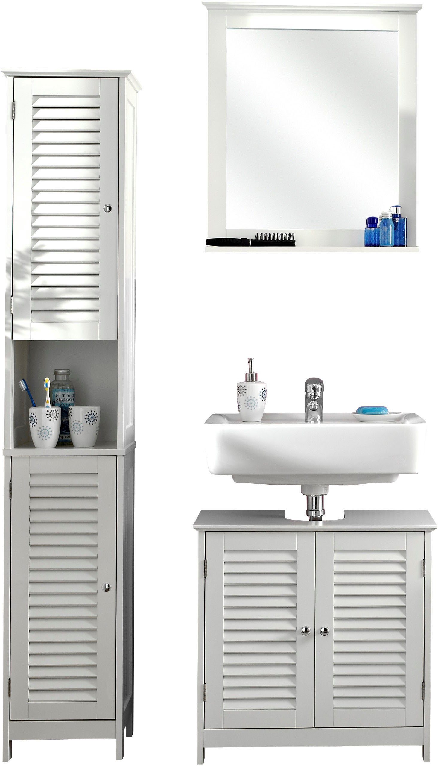 Saphir Badkamerserie Quickset 928 3-delig, wastafelonderkast met spiegel Hoge kast, 4 deuren, nis, 3 planken, glanzend wit, badkameraccessoire-set