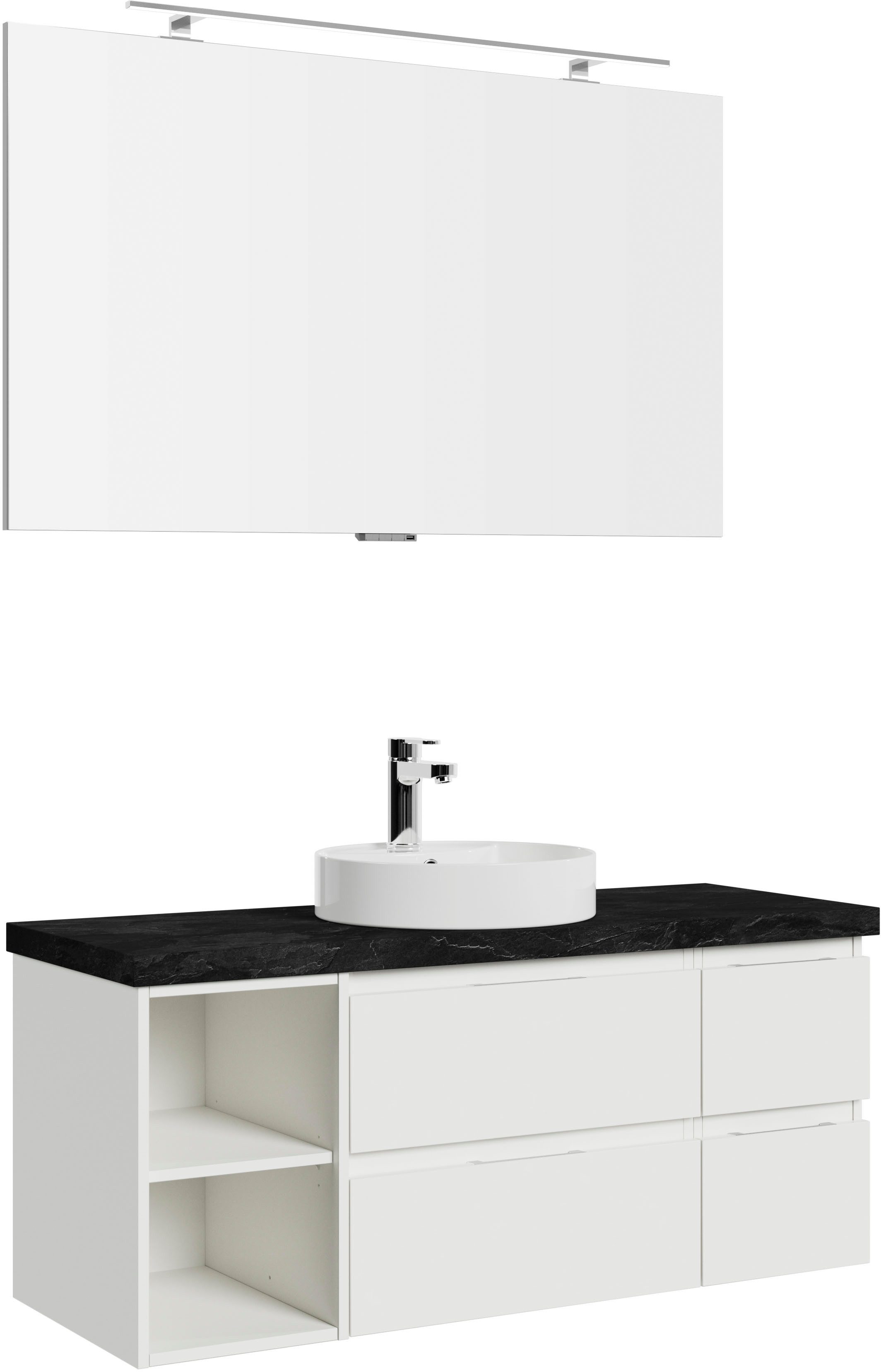 Saphir Badmeubelset Serie 4035 2-delig, keramisch opzetwasbak met LED-spiegel Wastafel incl. deurdemper, 120 cm breed, 4 lades, 3 deuren (set)