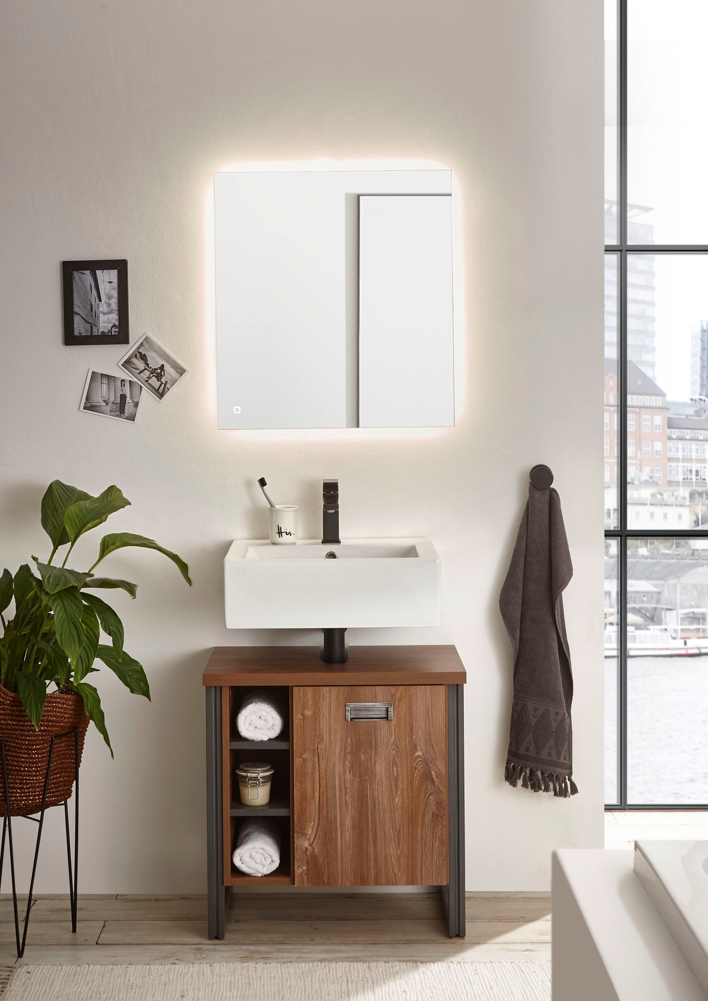 Home affaire Badkamerserie Detroit, badkamer in industriële stijl, incl. LED, 2-delig badkamer (2-delig)