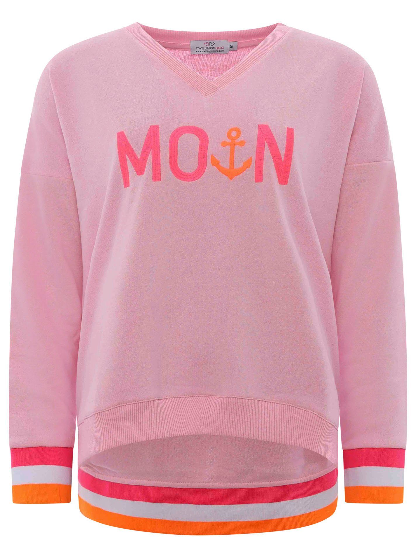 Zwillingsherz Sweatshirt met v-hals en geborduurd "moin" in neonkleuren
