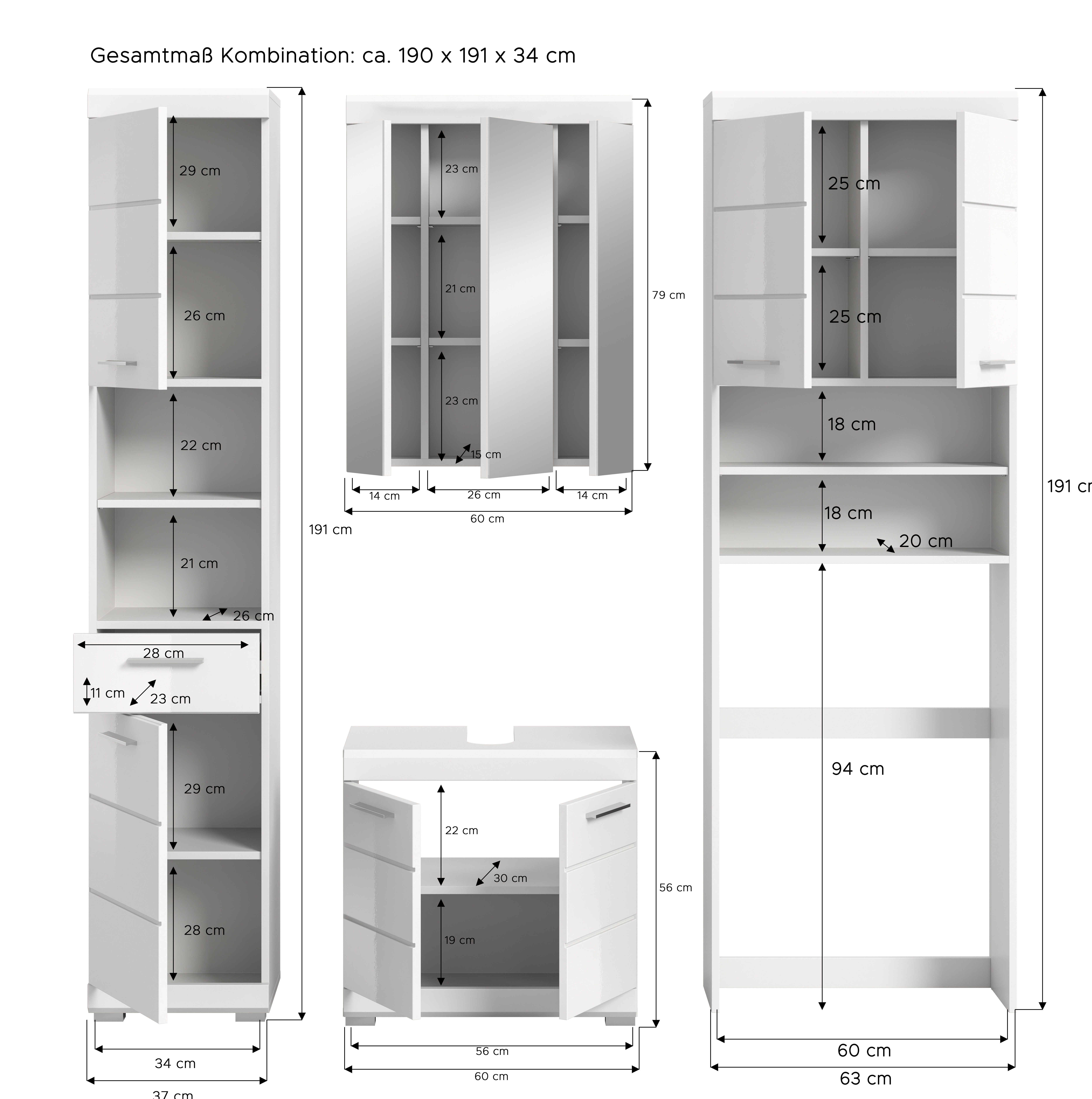 INOSIGN Badkamerserie Siena, 4-delig, bestaande uit: Hoge kast, WBU, spiegelkast, wasmachine ombouwkast (set, 4-delig)