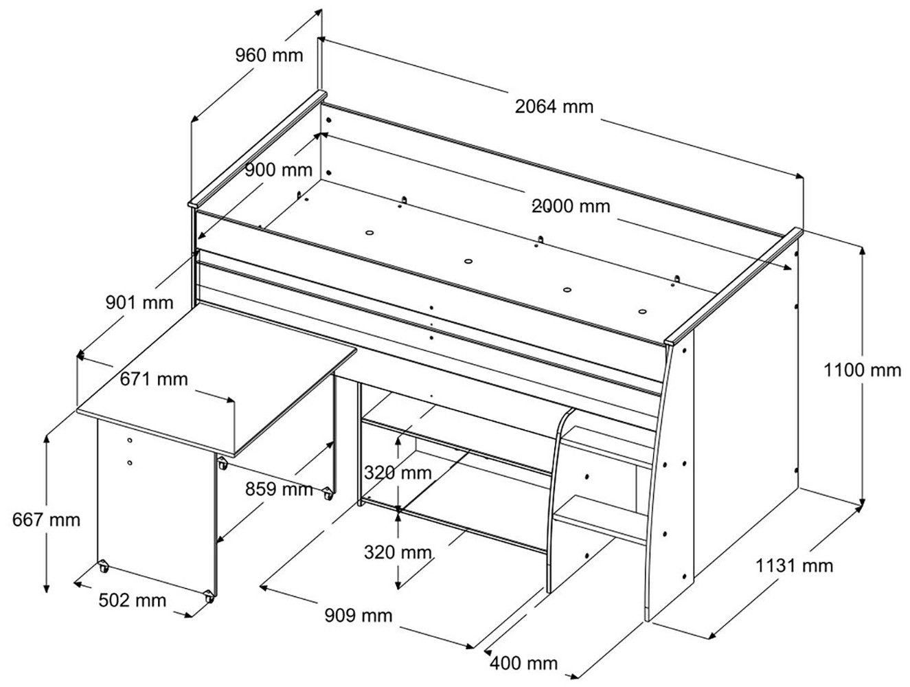 Parisot Tienerkamerset Reverse 12 veel opbergruimte, ruimtebesparend, bureau en commode geïntegreerd (2-delig)