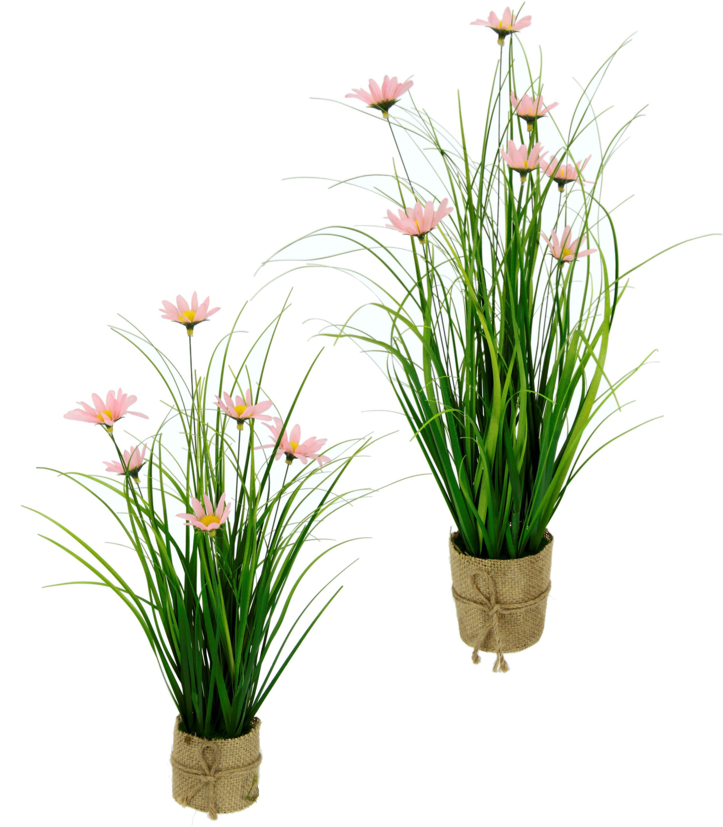 I.GE.A. Kunstgras Gras en bloemen met margrieten en band, in jutepot(2 stuks)