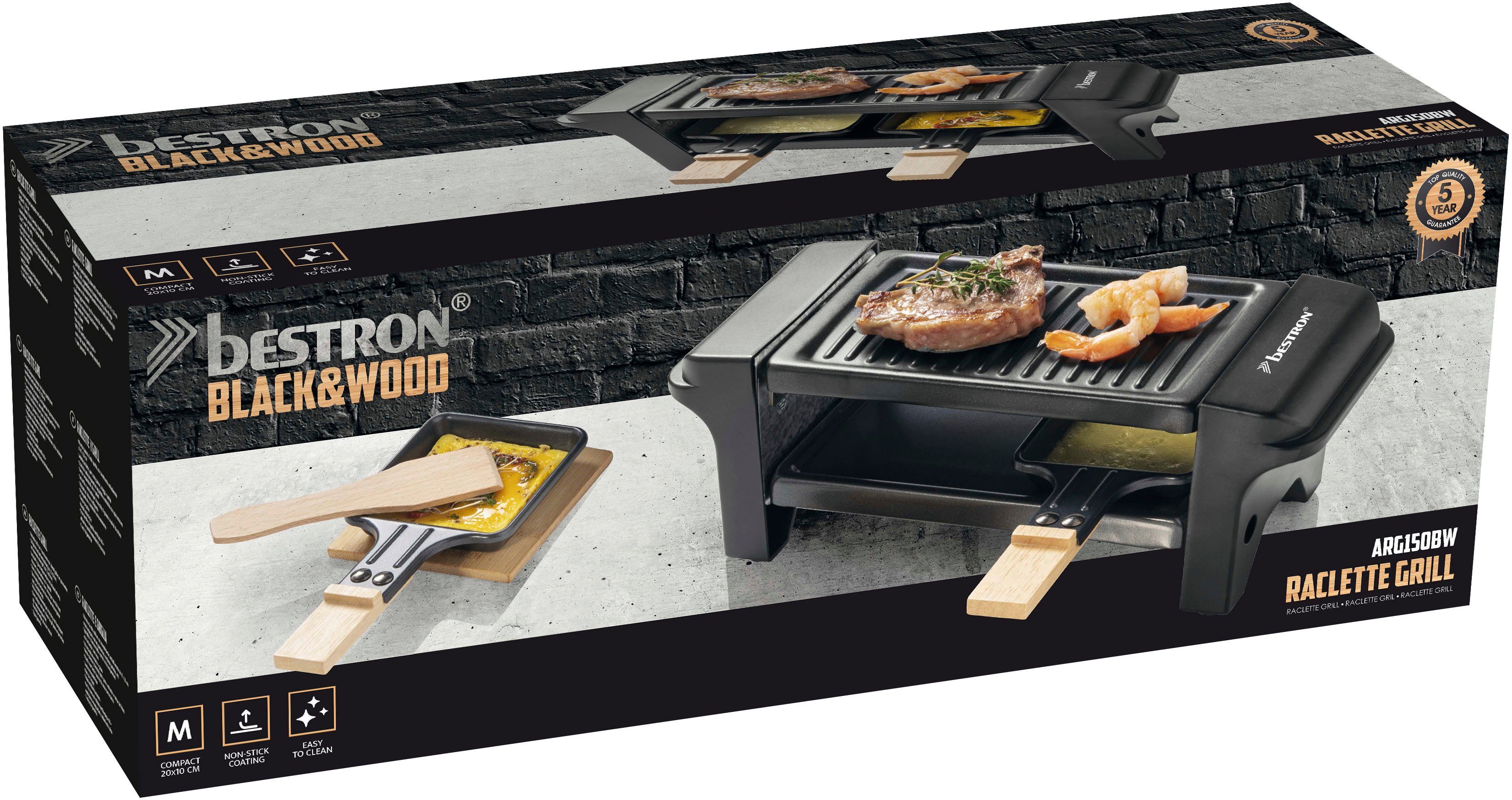 bestron Raclette Mini tafelgrill voor 1 tot 2 personen, met twee houten spatels & twee onderzetters