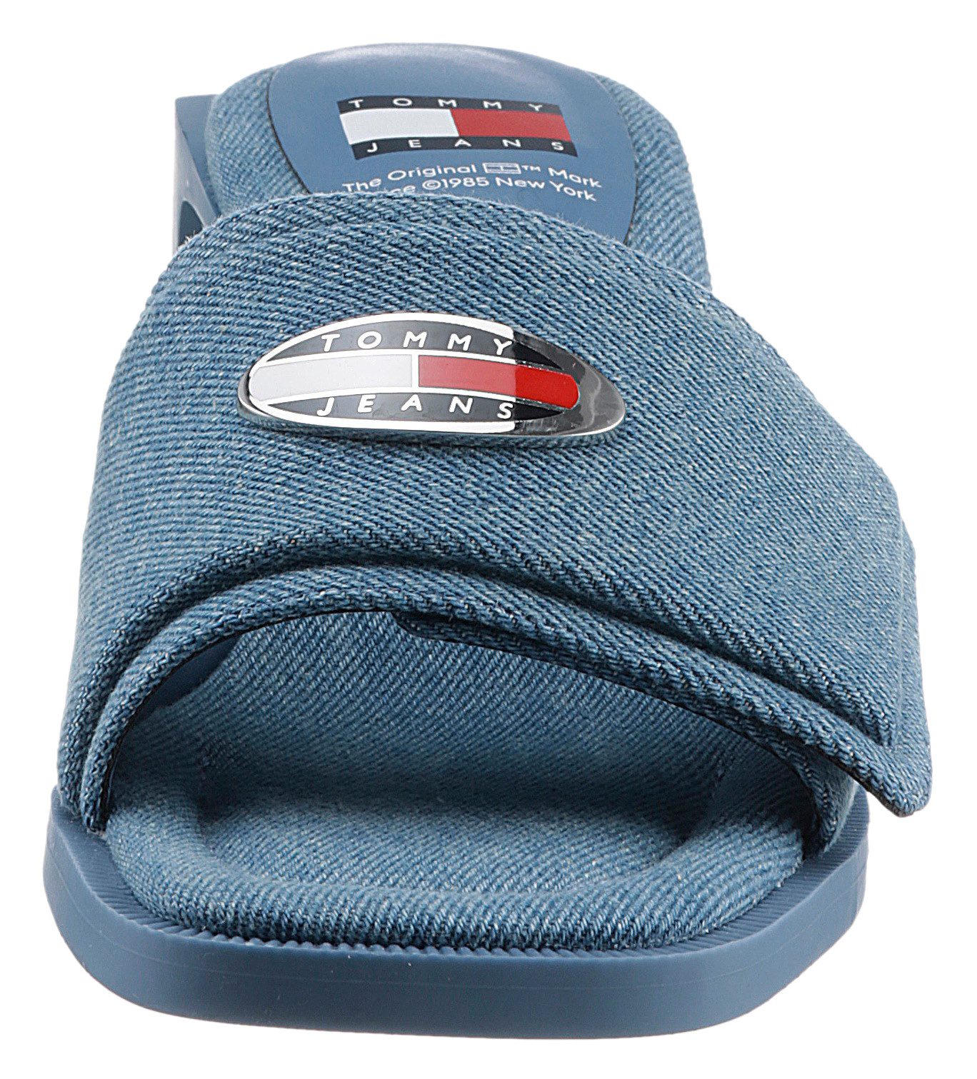 TOMMY JEANS Slippers THE SOHO HEEL DENIM feestdagmode, zomerschoen met brede bandage en klittenband