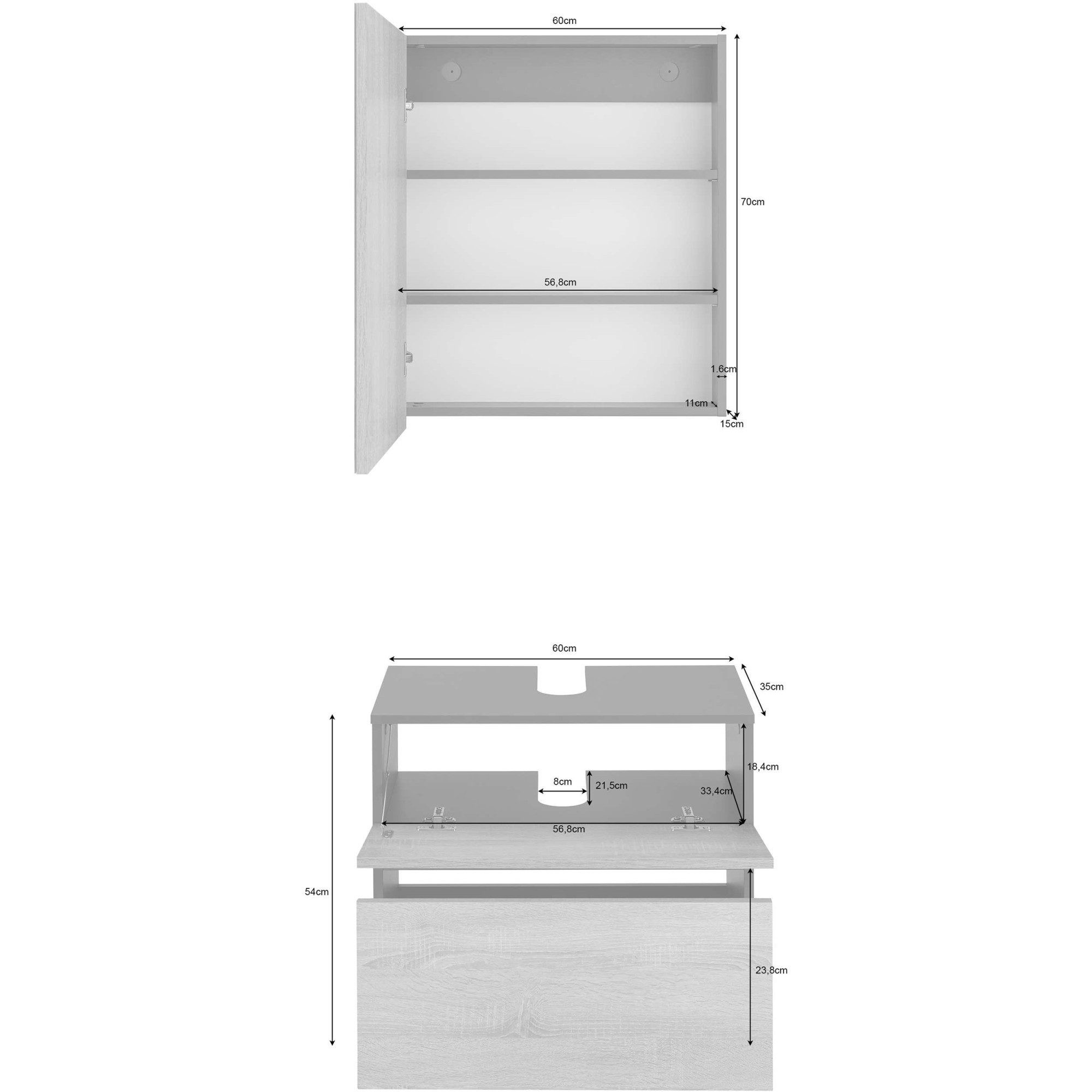 Home affaire Badmeubelset Wisla Spiegelschrank, WBU met sifonaansluiting en push-to-open, breedte 60 cm (set, 2 stuks)