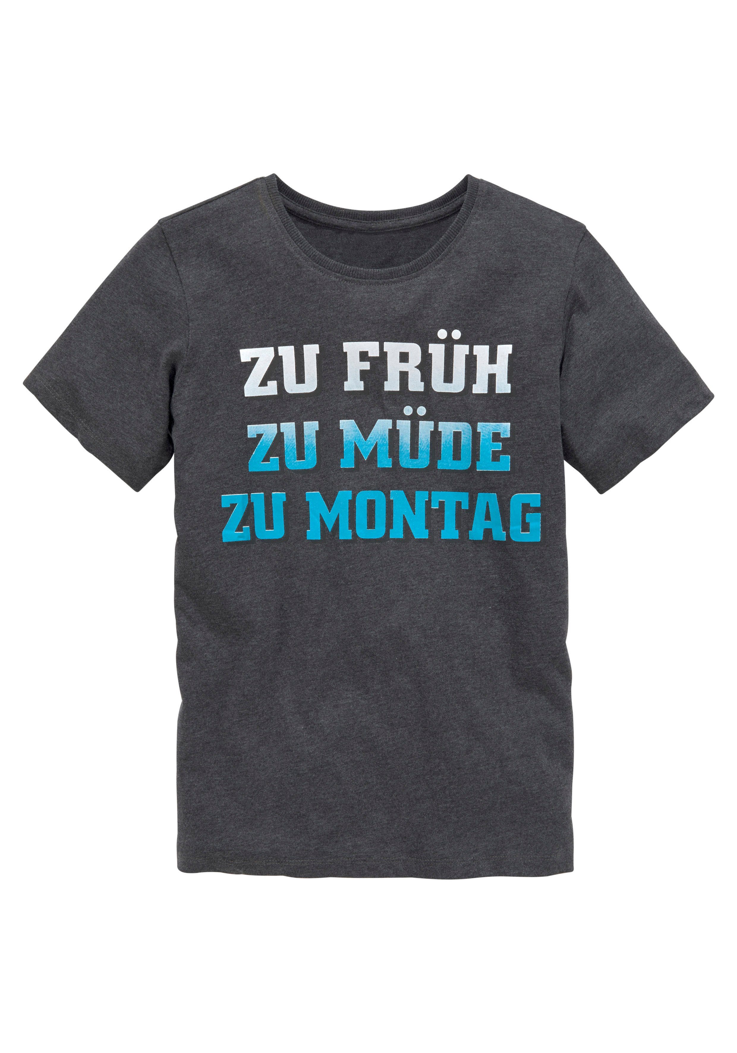 KIDSWORLD T-shirt Met spreuk: ZU FRÜH, ZU MÜDE... Korte mouwen, basic pasvorm, met stijlvolle print, ronde hals