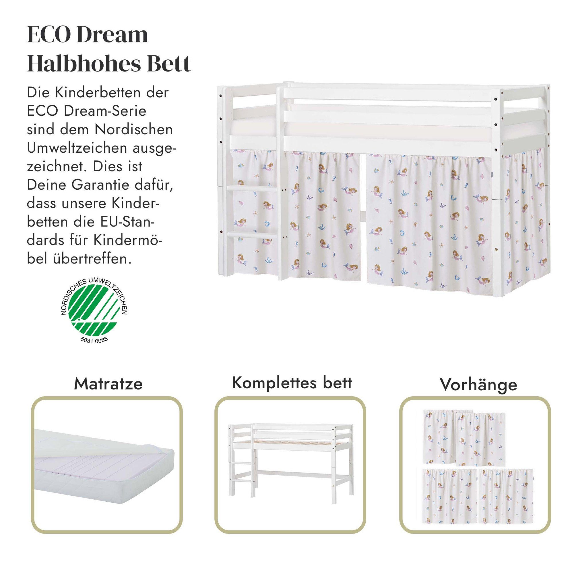 Hoppekids Speelbed ECO Dream, hoogslaper, deelbaar in 2 eenpersoonsbedden Massief houten bed met zeemeermingordijn, matras & 2 maten ter keuze