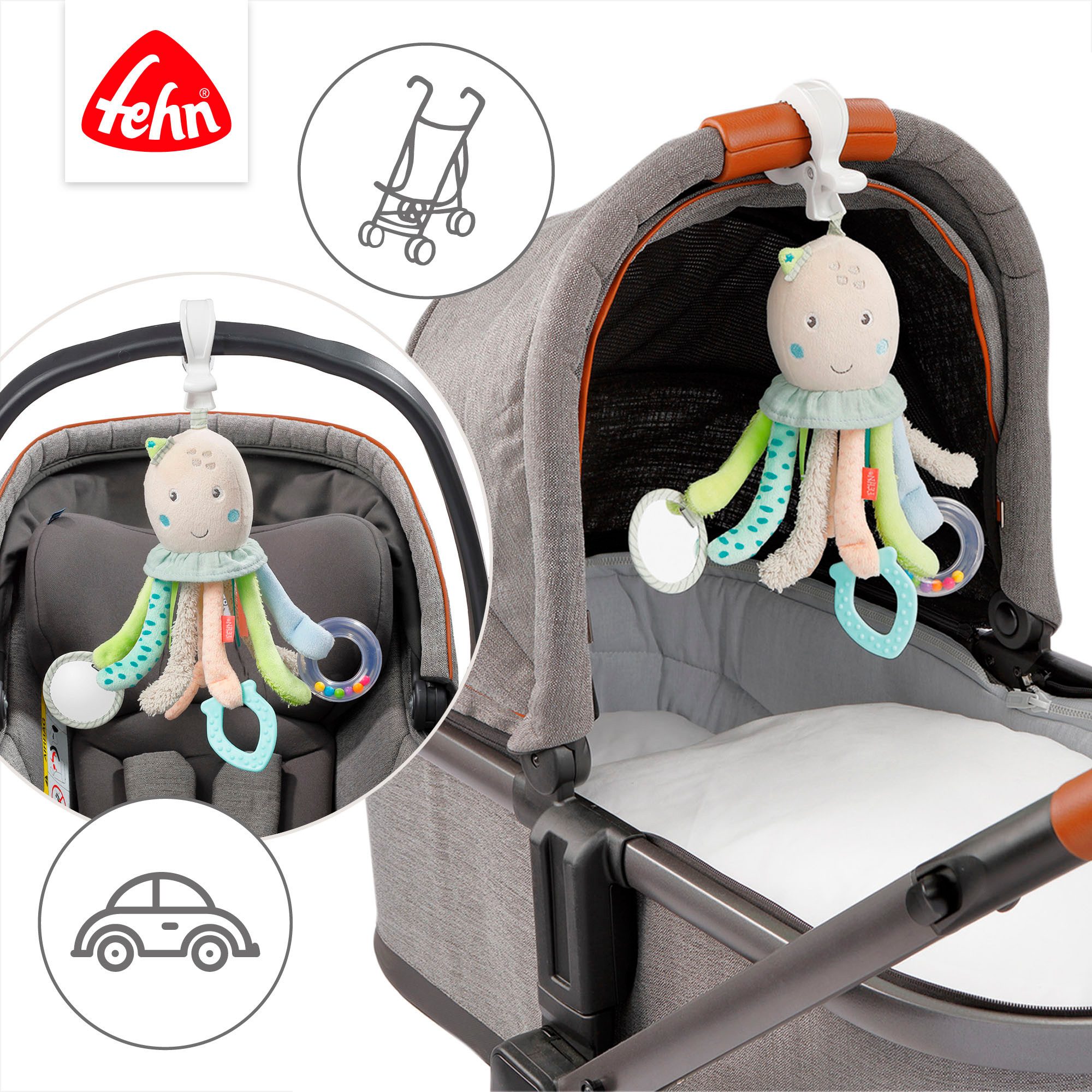 Fehn Grijpspeeltje Zeekinderen, activiteit-octopus ter bevestiging aan kinderwagen, babyzitje of bed