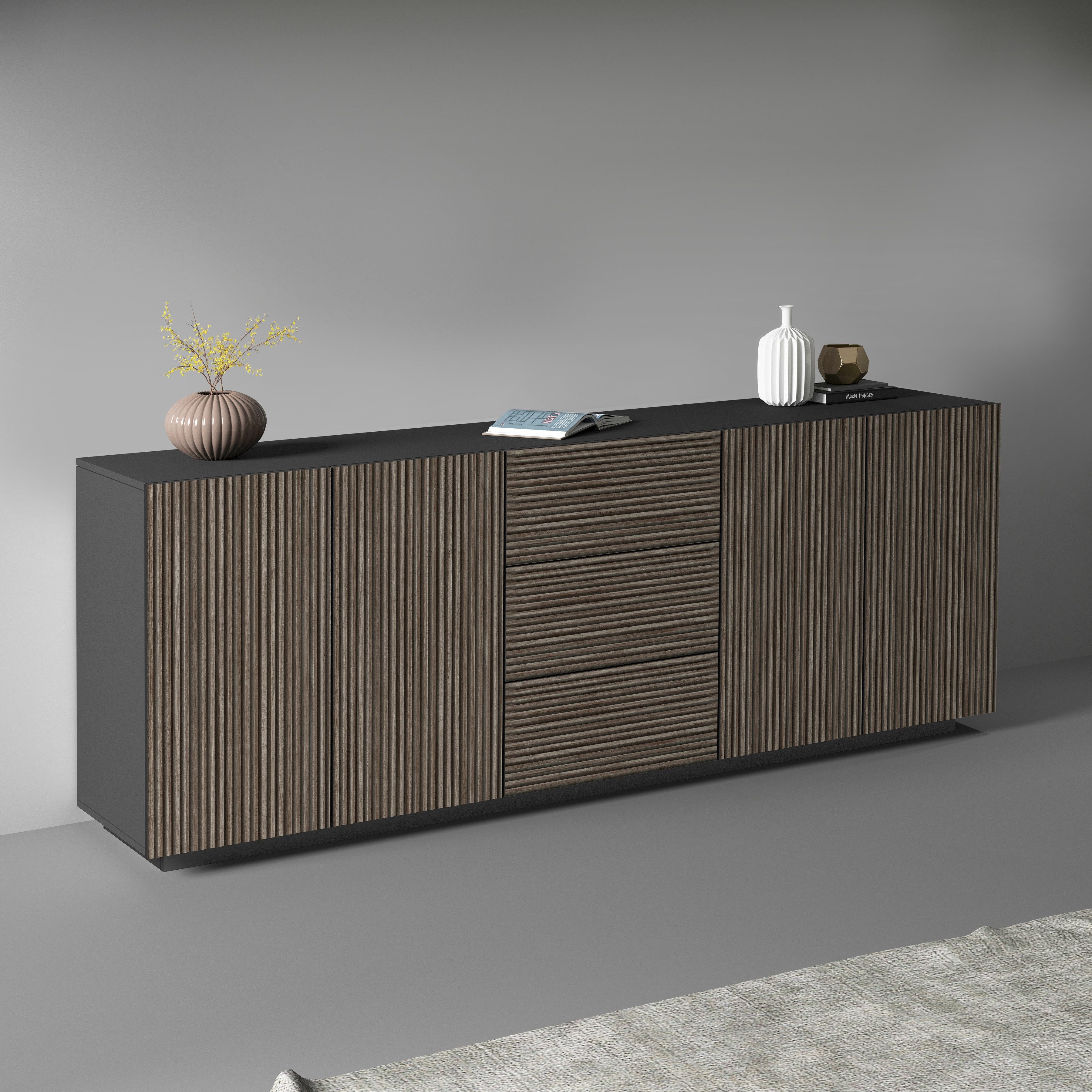 INOSIGN Dressoir Vega Sideboard, Ladekast, 220 cm met 4 deuren en 3 lades, fronten met groeflook dressoirs grijs