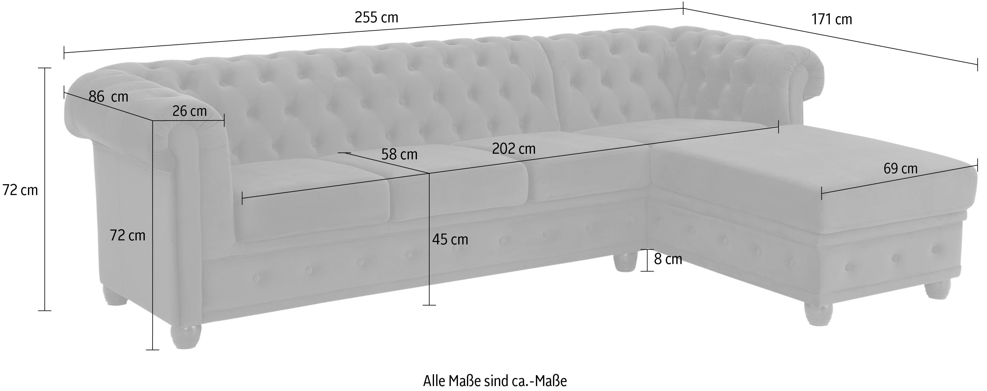Home affaire Chesterfield-bank New Castle L-vorm hoogwaardige capitonnage in chesterfield-design, bxdxh: 255(171x72)