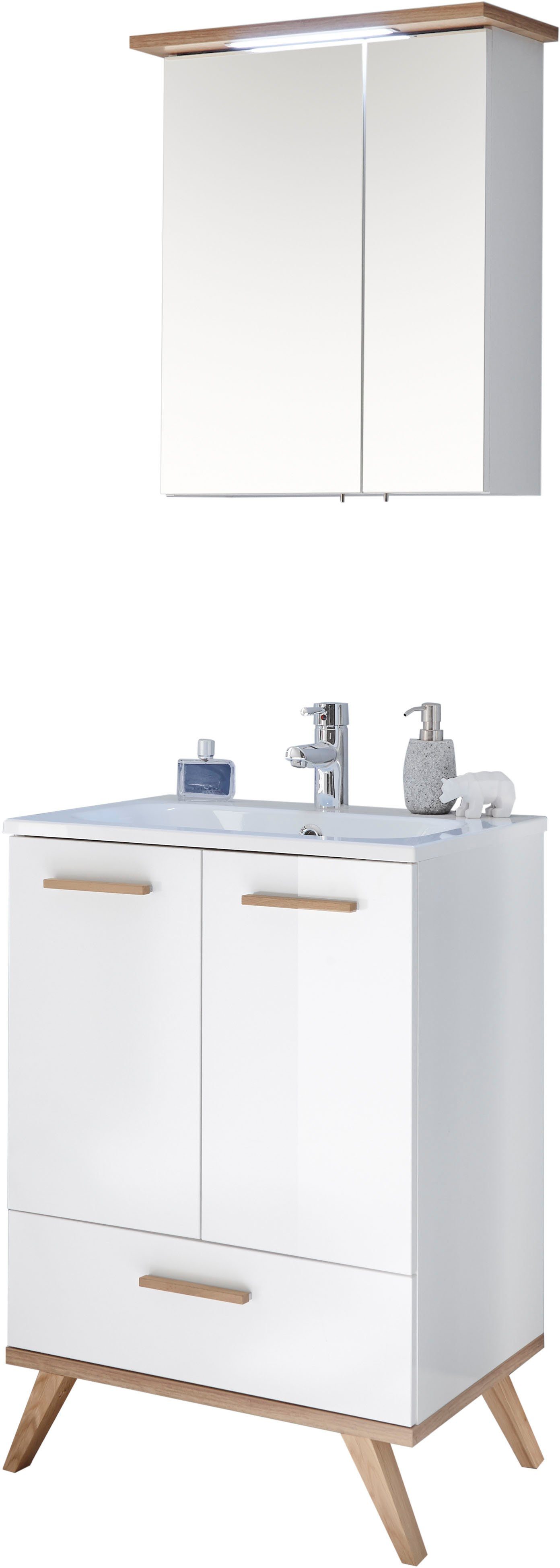 Saphir Badkamerserie Quickset 2-delig, mineraalmarmeren wastafel en LED-spiegelkast Wastafelmeubel 61 cm breed, 4 deuren, 1 lade, 2 planken,