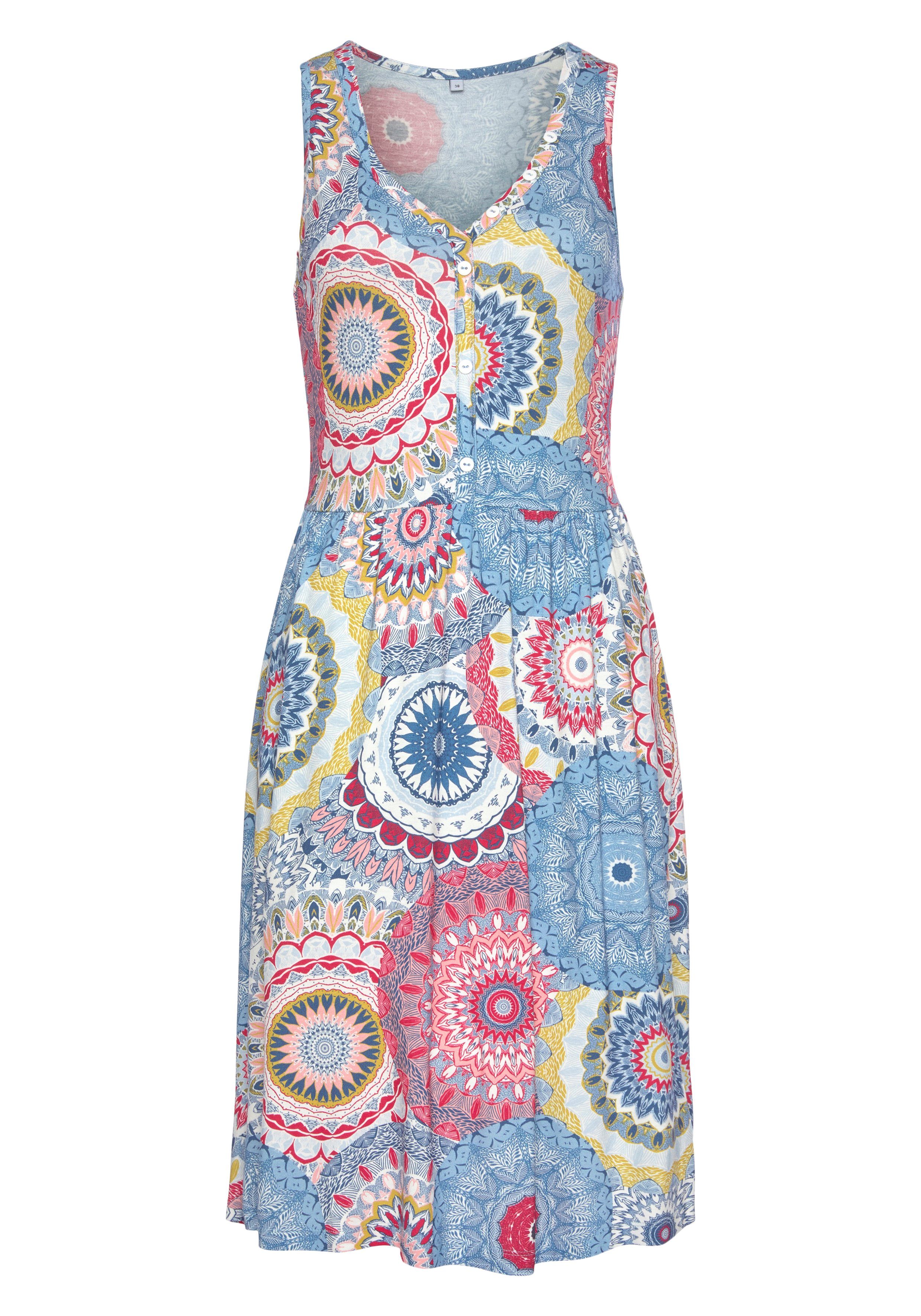 Vivance Jerseyjurk met all-over print en v-hals, kleurrijke zomerjurk